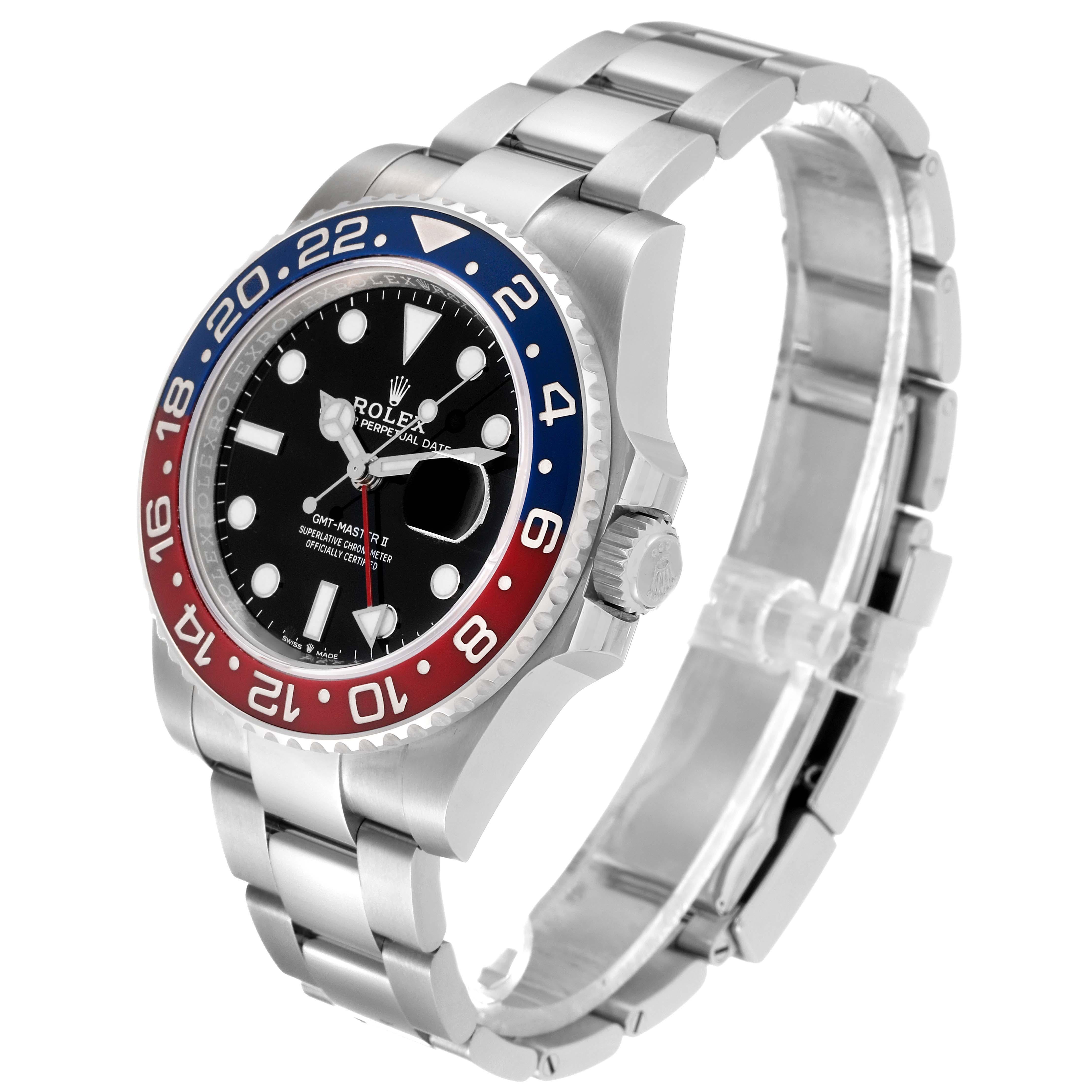 Rolex GMT Master II Blue Red Pepsi Bezel Steel Mens Watch 126710 Unworn. Officially certified chronometer automatic self-winding movement. Stainless steel case 40 mm in diameter. Rolex logo on the crown. Stainless steel bidirectional rotating bezel