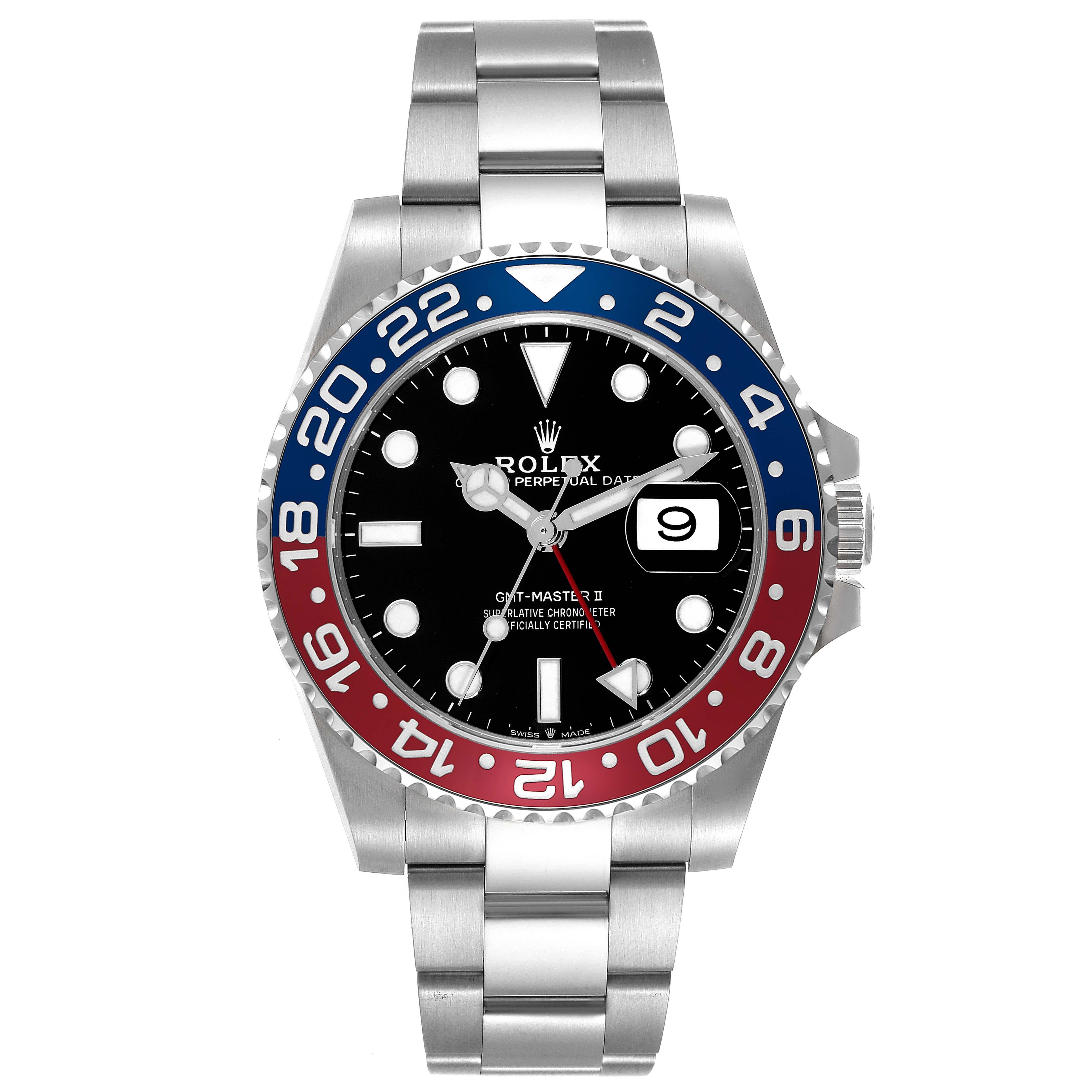 Rolex GMT Master II Blau Rot Pepsi Lünette Stahl Herrenuhr 126710 Ungetragen im Angebot 6