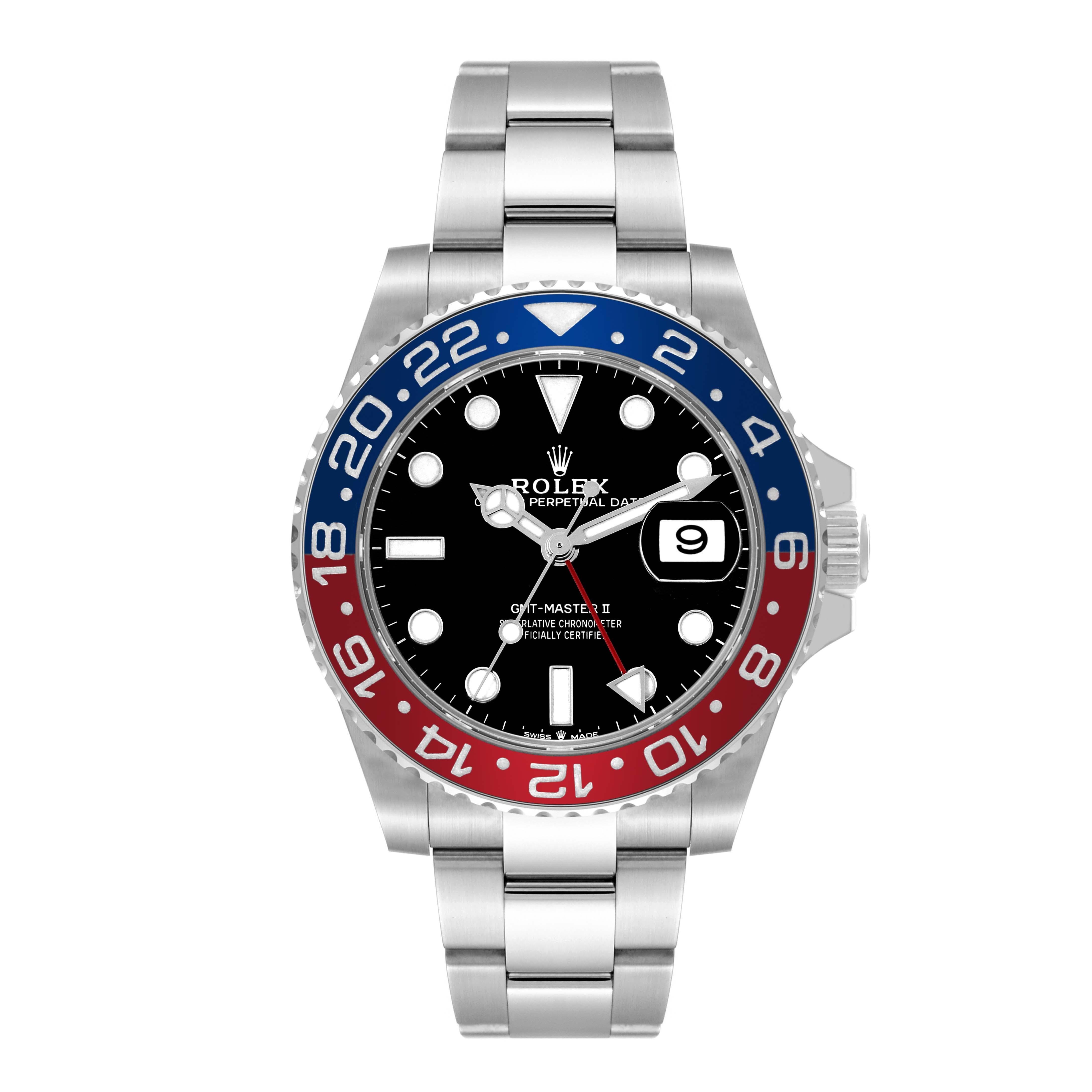 Rolex GMT Master II Blau Rot Pepsi Lünette Stahl Herrenuhr 126710 Ungetragen im Angebot 6