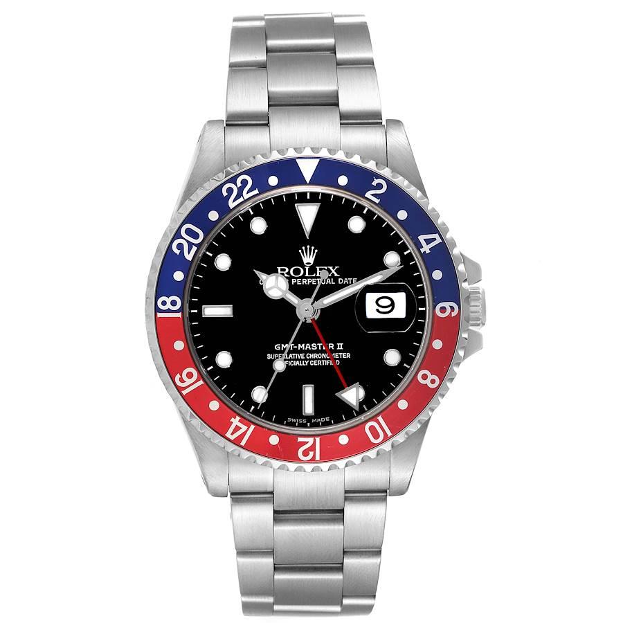 Rolex GMT Master II Blue Red Pepsi Bezel Steel Mens Watch 16710 Box Papers. Officially certified chronometer automatic self-winding movement. Stainless steel case 40.0 mm in diameter. Rolex logo on the crown. Bidirectional rotating GMT bezel with a