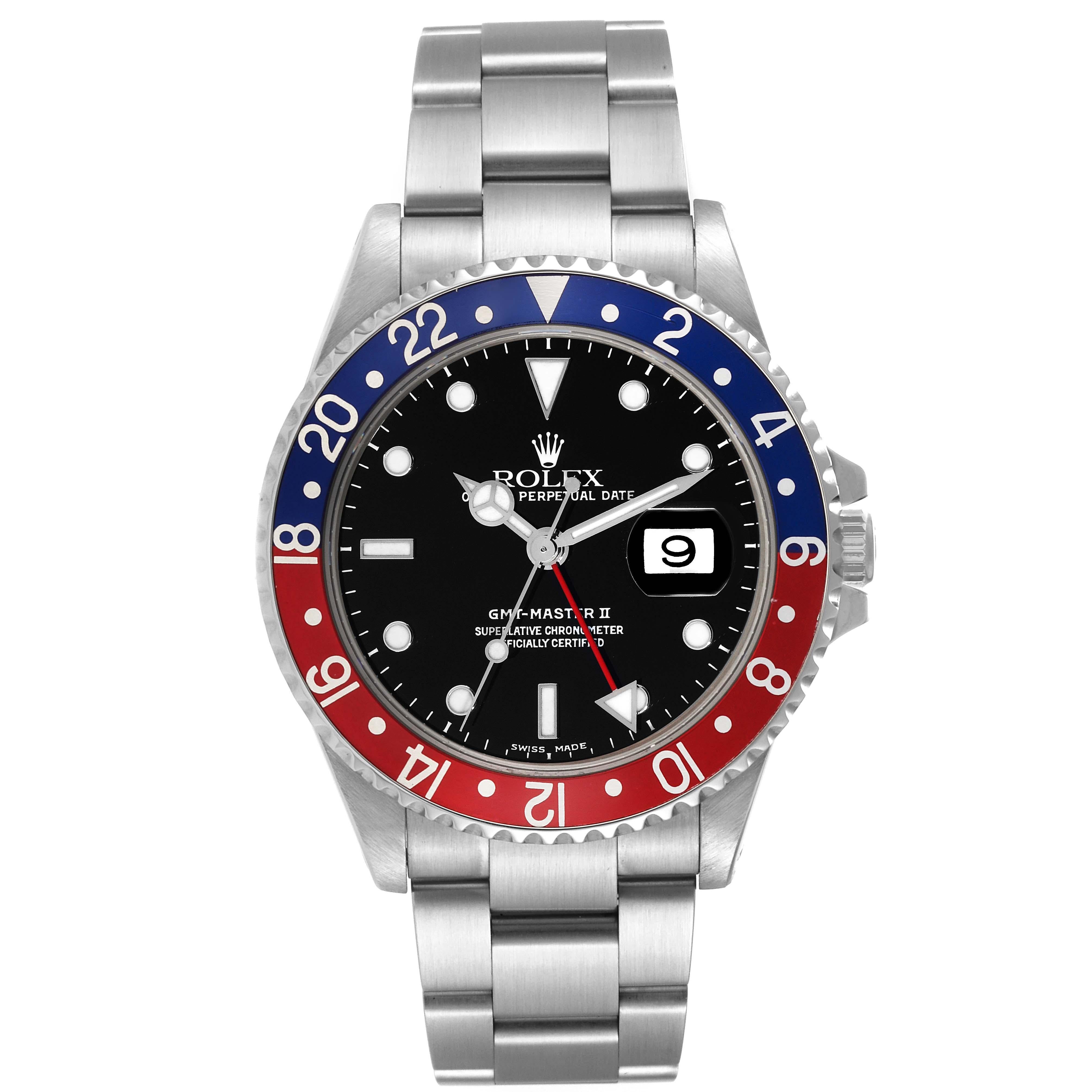 Rolex GMT Master II Blue Red Pepsi Bezel Steel Mens Watch 16710 Box Papers. Officially certified chronometer automatic self-winding movement. Stainless steel case 40.0 mm in diameter. Rolex logo on the crown. Bidirectional rotating GMT bezel with a