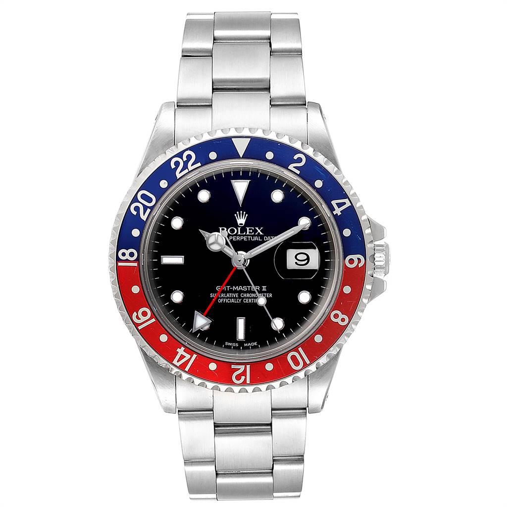 Rolex GMT Master II Blue Red Pepsi Bezel Steel Mens Watch 16710. Officially certified chronometer self-winding movement. Stainless steel case 40 mm in diameter. Rolex logo on a crown. Bidirectional rotating bezel with a special 24-hour blue and red