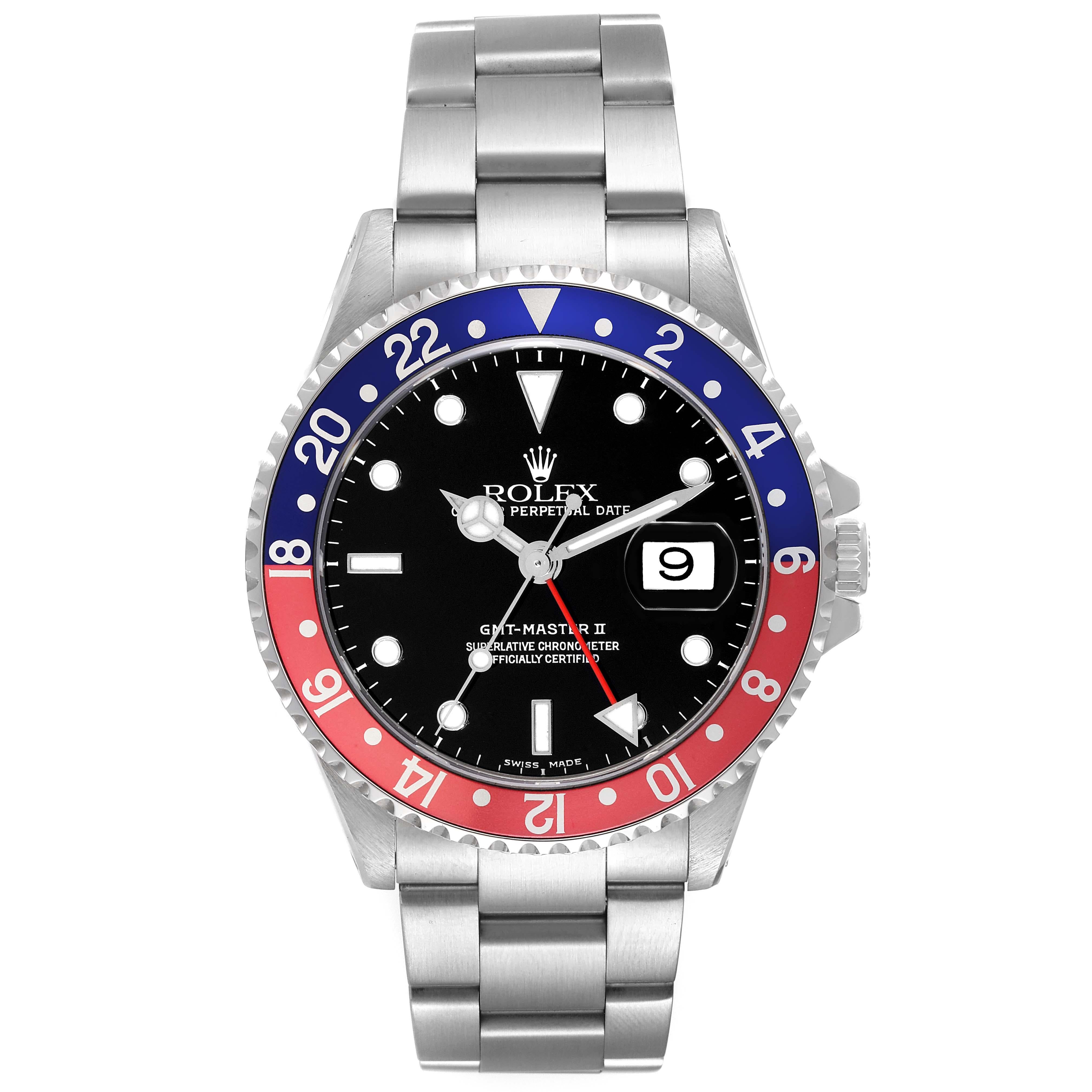 Rolex GMT Master II Blue Red Pepsi Bezel Steel Mens Watch 16710. Officially certified chronometer automatic self-winding movement. Stainless steel case 40.0 mm in diameter. Rolex logo on the crown. Bidirectional rotating GMT bezel with a special