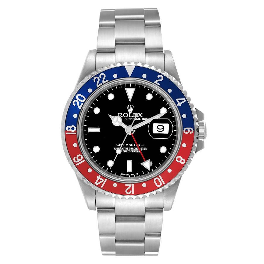 Rolex GMT Master II Blue Red Pepsi Dial Mens Watch 16710. Officially certified chronometer automatic self-winding movement. Stainless steel case 40.0 mm in diameter. Rolex logo on the crown. Bidirectional rotating GMT bezel with a special 24-hour