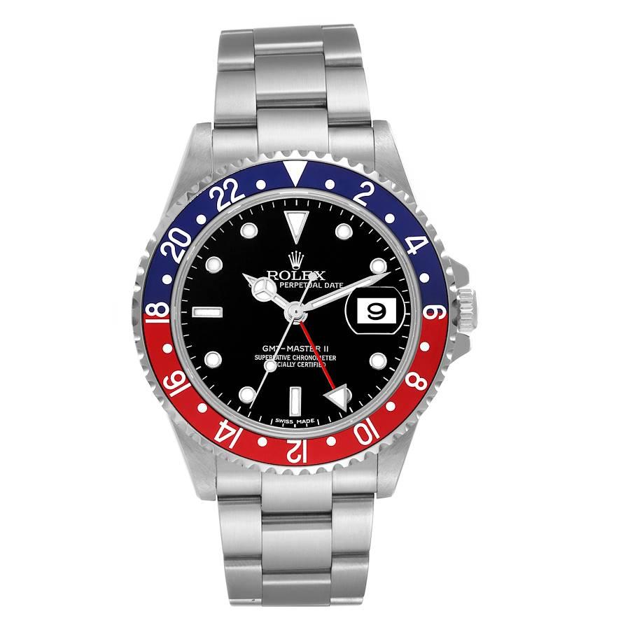 Rolex GMT Master II Blue Red Pepsi Error Dial Mens Watch 16710 Box Papers. Officially certified chronometer automatic self-winding movement. Stainless steel case 40.0 mm in diameter. Rolex logo on the crown. Bidirectional rotating GMT bezel with a