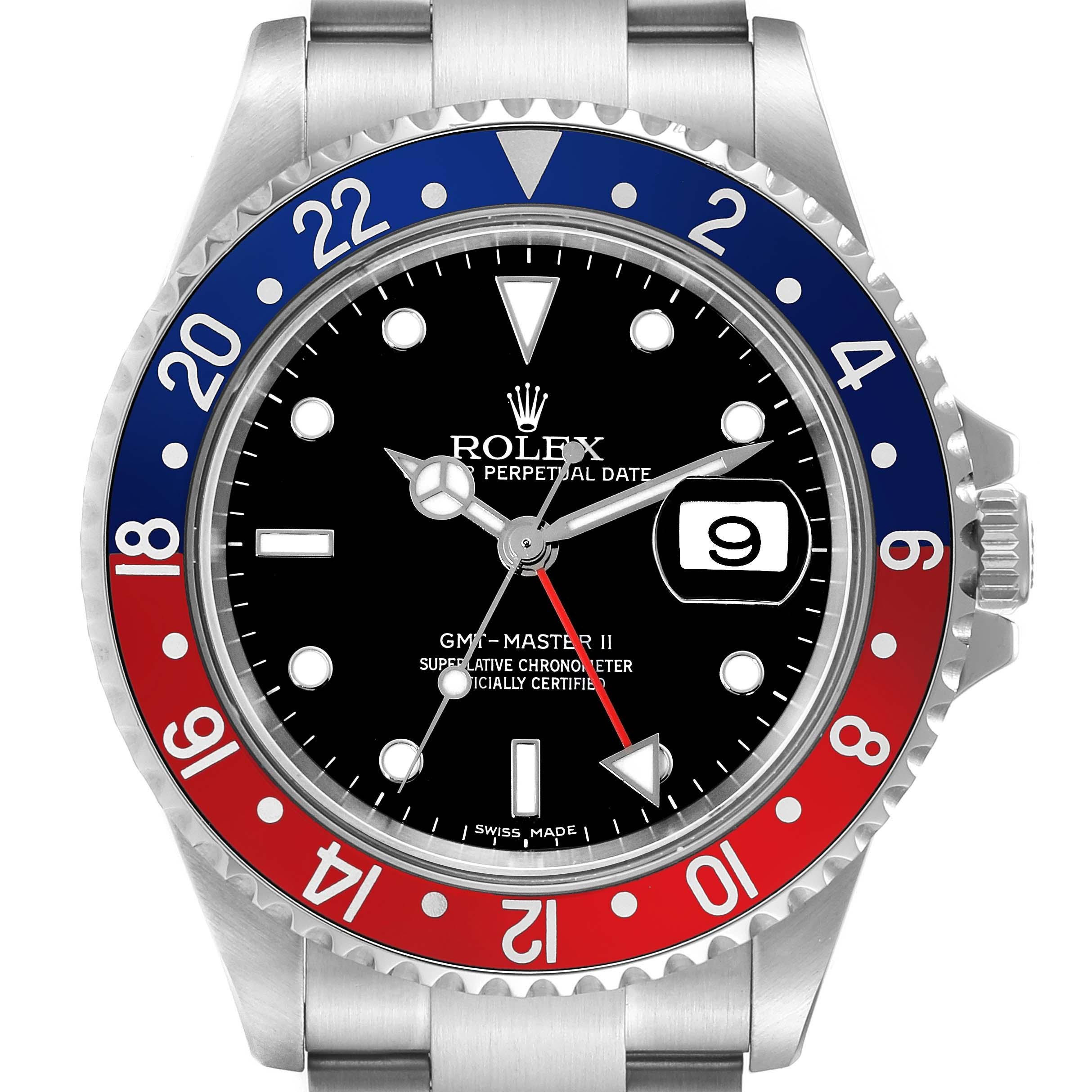 Rolex GMT Master II Blue Red Pepsi Error Dial Mens Watch 16710 Box Papers. Officially certified chronometer automatic self-winding movement. Stainless steel case 40.0 mm in diameter. Rolex logo on the crown. Bidirectional rotating GMT bezel with a