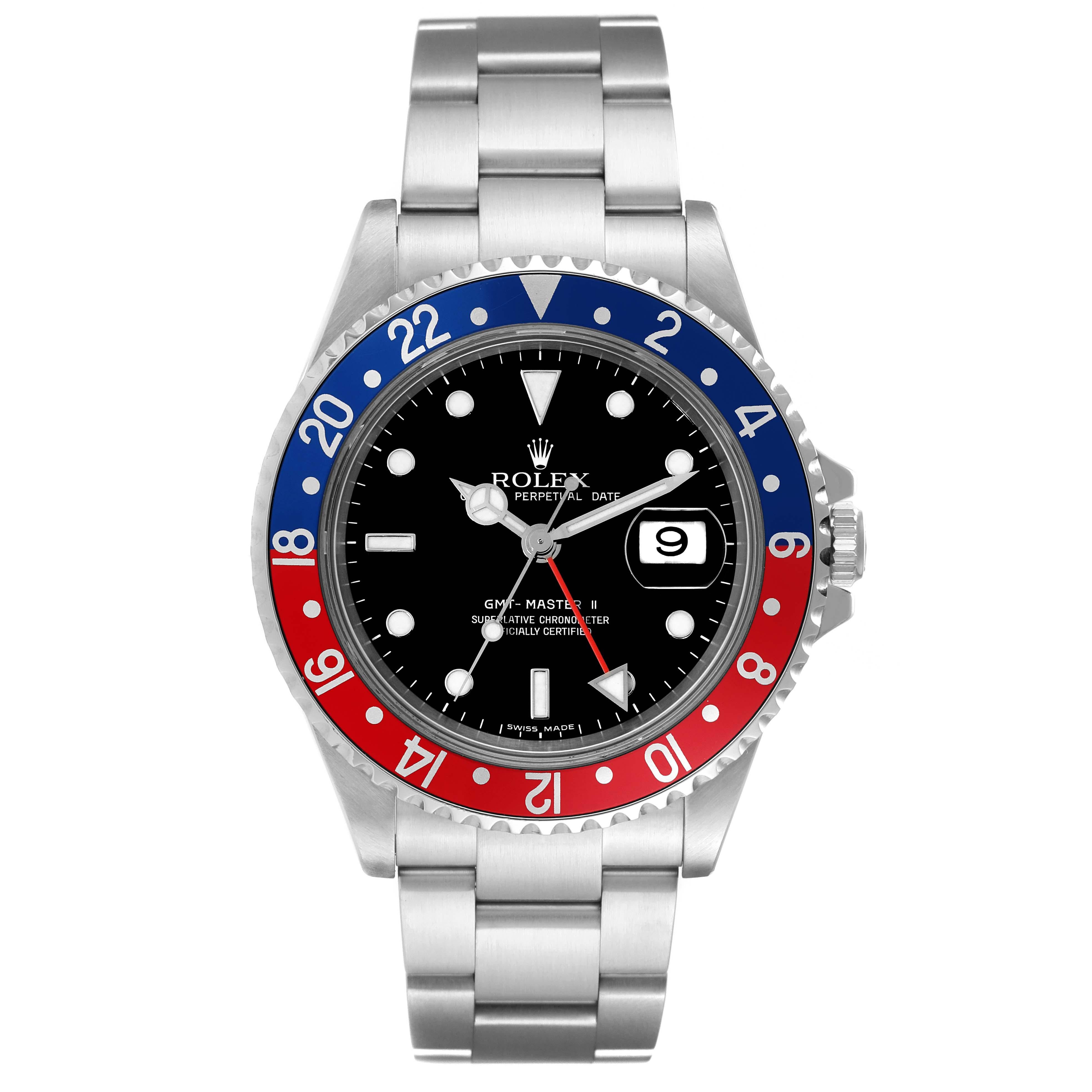 Rolex GMT Master II Blue Red Pepsi Error Dial Steel Mens Watch 16710 Box Papers. Officially certified chronometer automatic self-winding movement. Stainless steel case 40.0 mm in diameter. Rolex logo on the crown. Bidirectional rotating GMT bezel