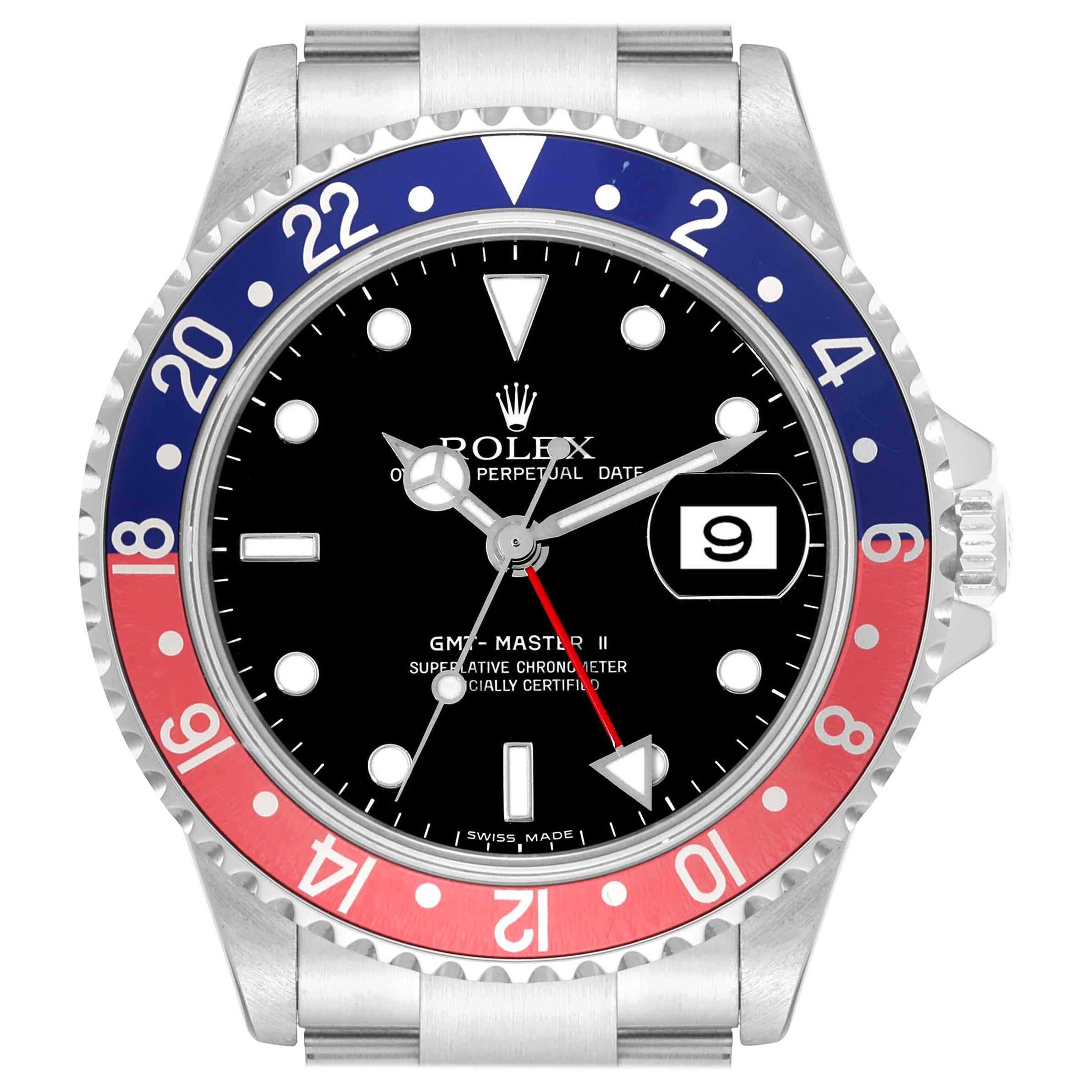 Rolex GMT Master II avec cadran Pepsi error bleu et rouge en acier pour hommes 16710 avec boîte et papiers d'origine