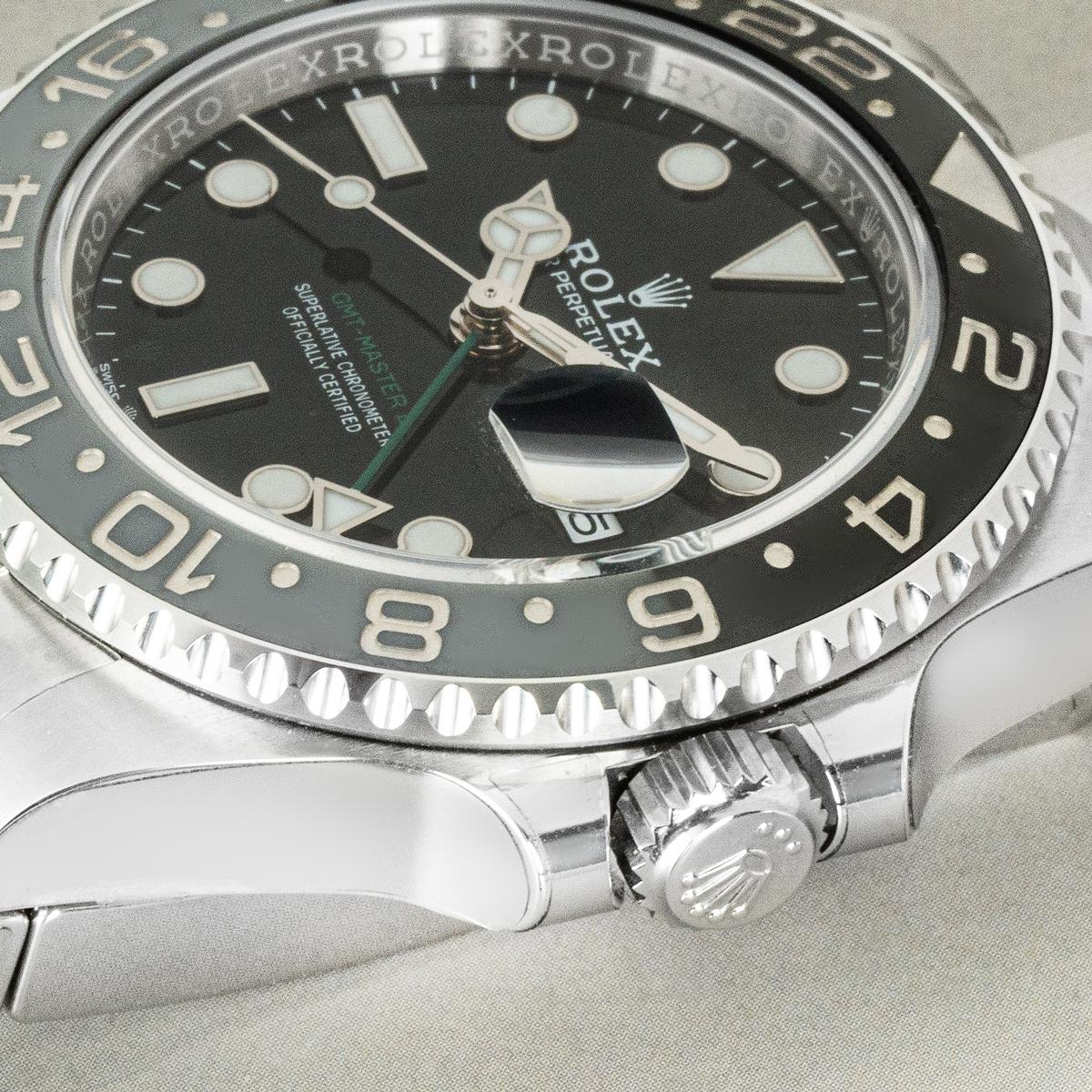 An Oystersteel 2025 GMT-Master II by Rolex, referred to as the Bruce Wayne. Featuring a black dial, complemented by the ceramic grey and black bidirectional rotatable bezel that features a graduated 24-hour display.

Presented on an Oyster bracelet
