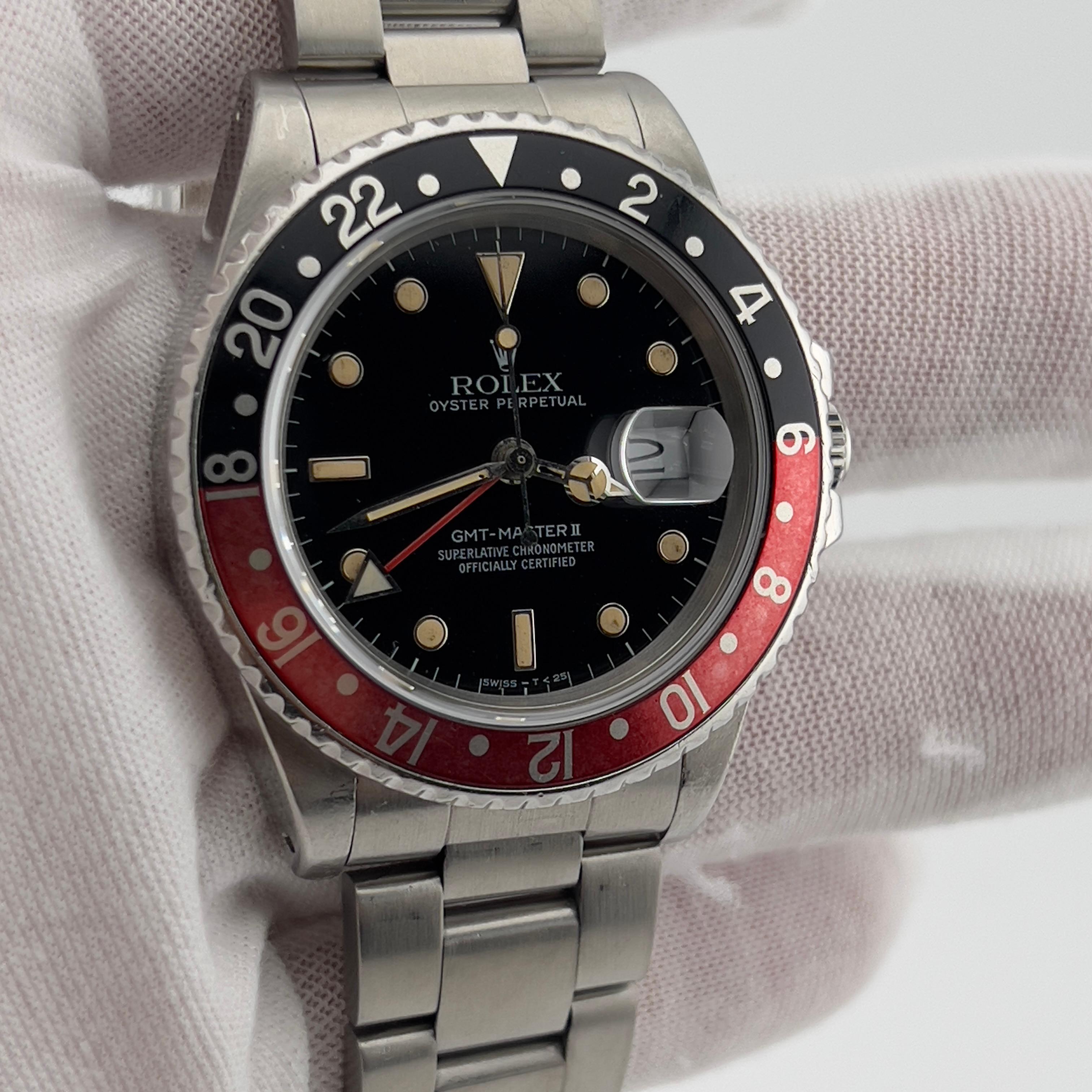 Rolex GMT Master II Coke Fat Lady 16760 Red Black Steel Box Paper In Excellent Condition For Sale In San Diego, CA