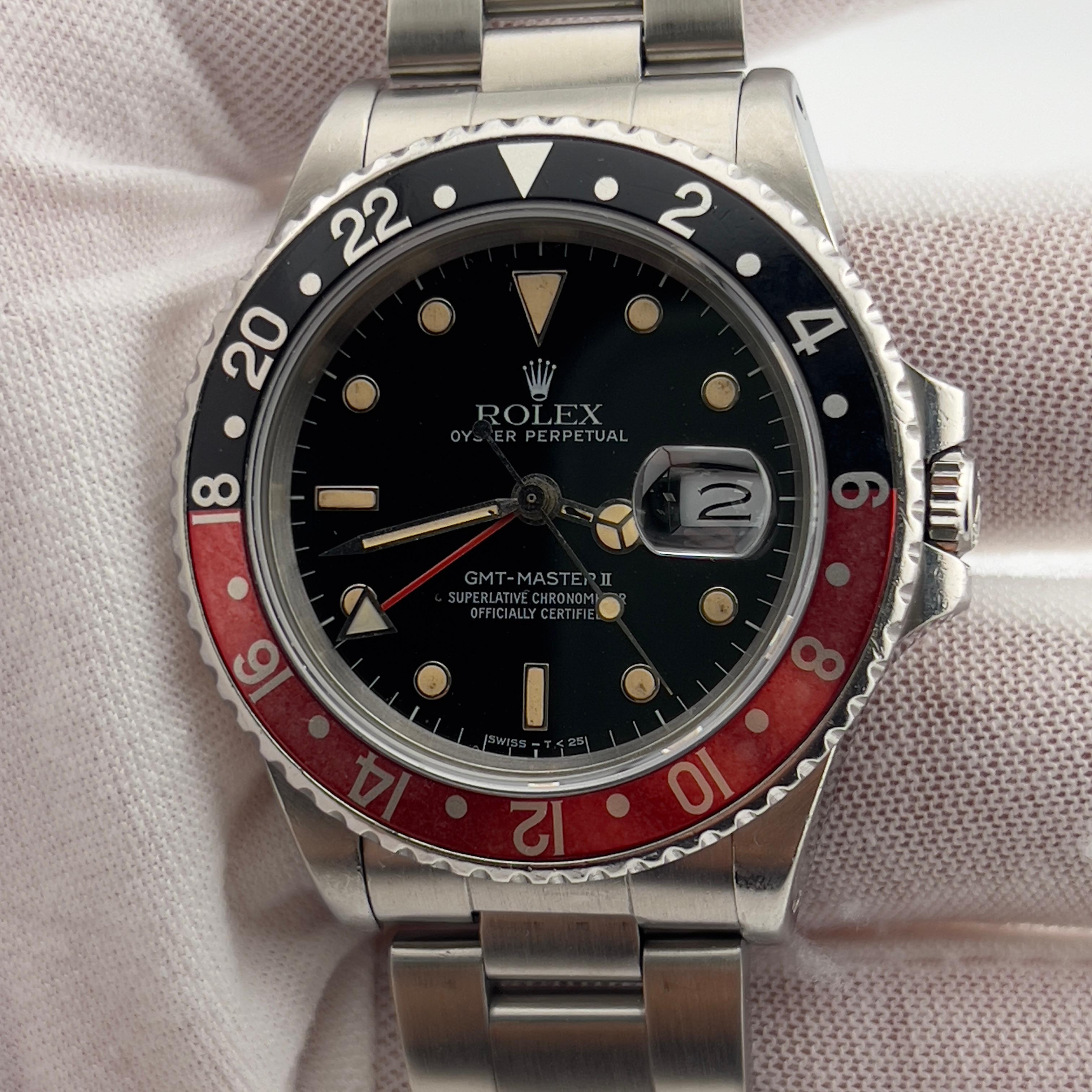 Men's Rolex GMT Master II Coke Fat Lady 16760 Red Black Steel Box Paper For Sale