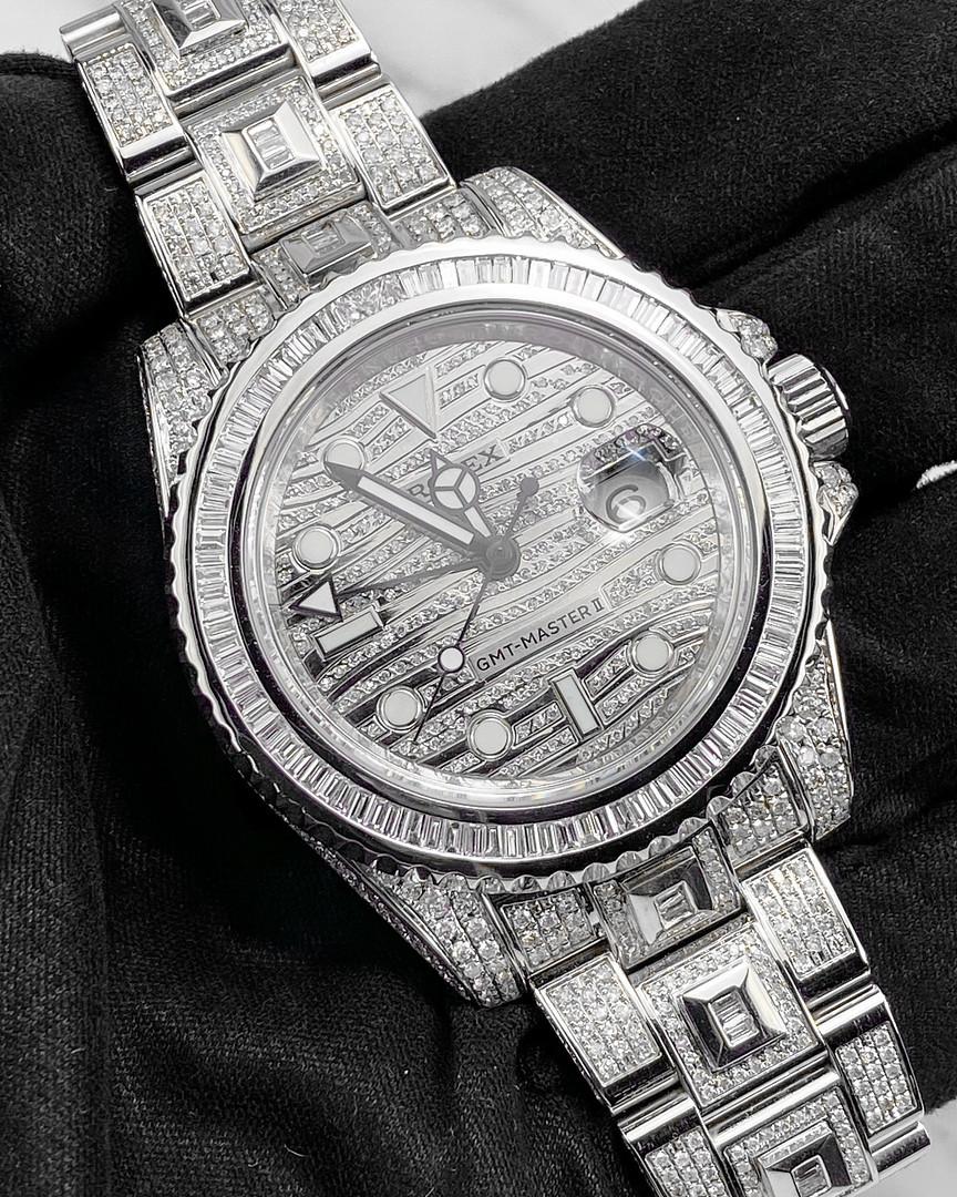 Baguette Cut Rolex GMT-Master II Diamond Set in Stainless Steel 116710LN Wrist Watch For Sale