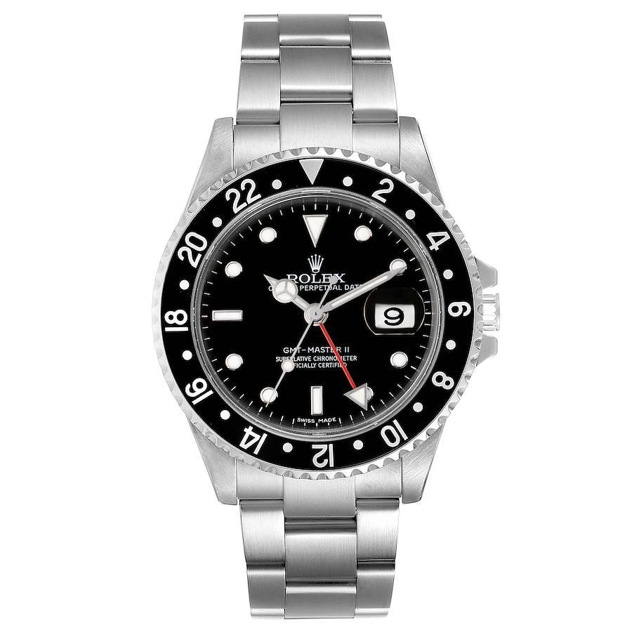 Rolex GMT Master II Error Dial Steel Mens 40mm Watch 16710. Officially certified chronometer self-winding movement. Stainless steel case 40 mm in diameter. Rolex logo on a crown. Bidirectional rotating bezel with a special 24-hour black bezel
