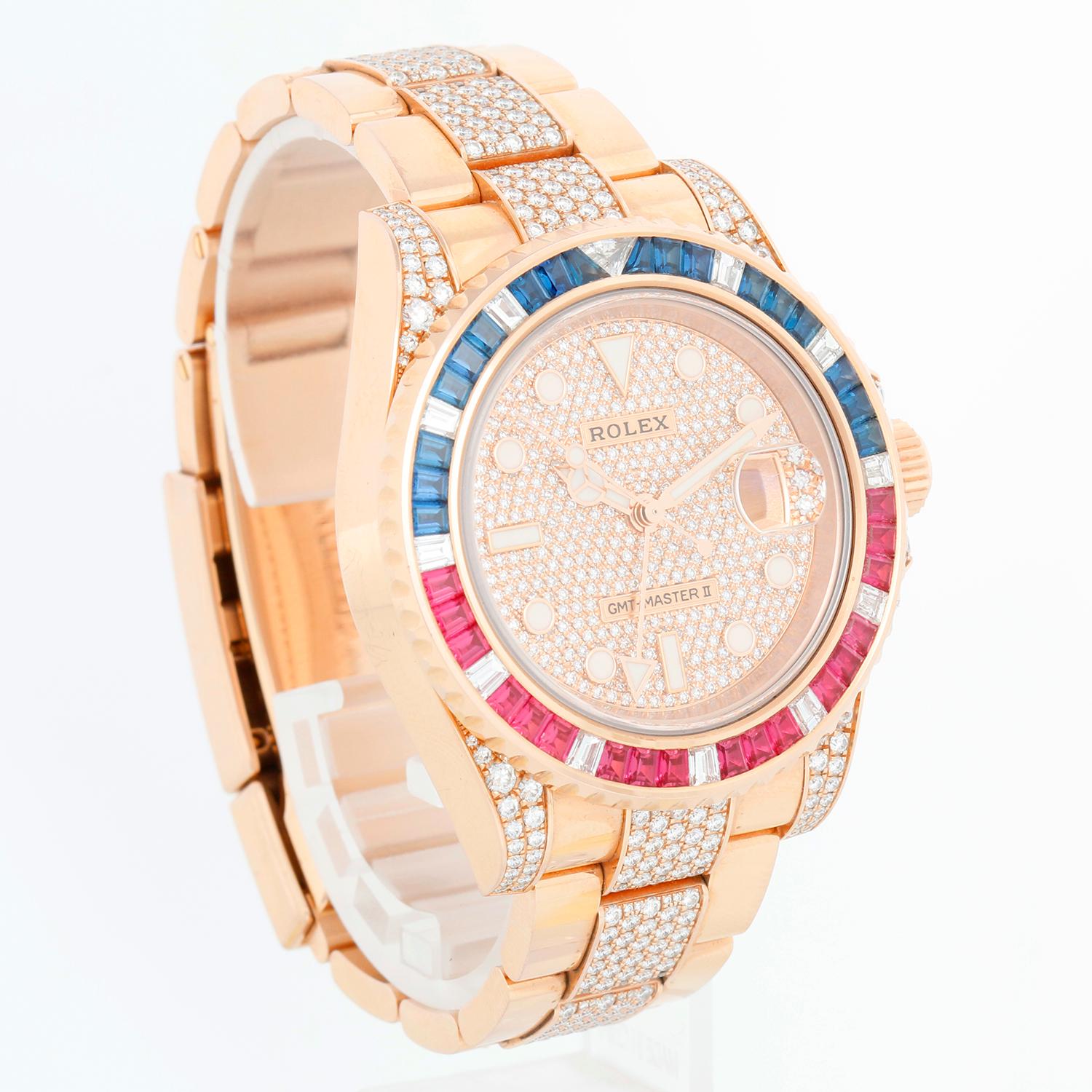 Rolex GMT-Master II Everose Gold Diamond Bracelet Sapphire & Ruby Watch 126755SARU - Automatic winding; 3186 calibre. 18K Rose gold with a Sapphire, Ruby, Diamond bezel; 18 Rubies and 18 Sapphires ( 40mm). Diamond pave dial. Rose gold bracelet with