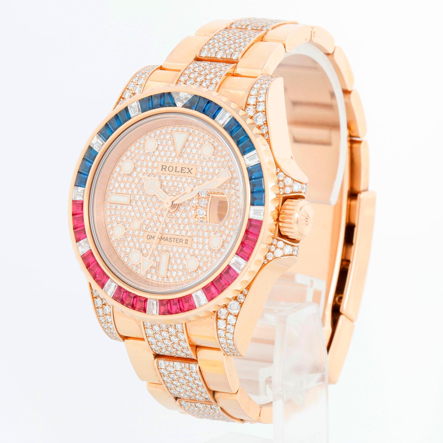 Rolex GMT-Master II Everose Gold Diamond Bracelet Sapphire & Ruby Watch 126755SA In Excellent Condition In Dallas, TX