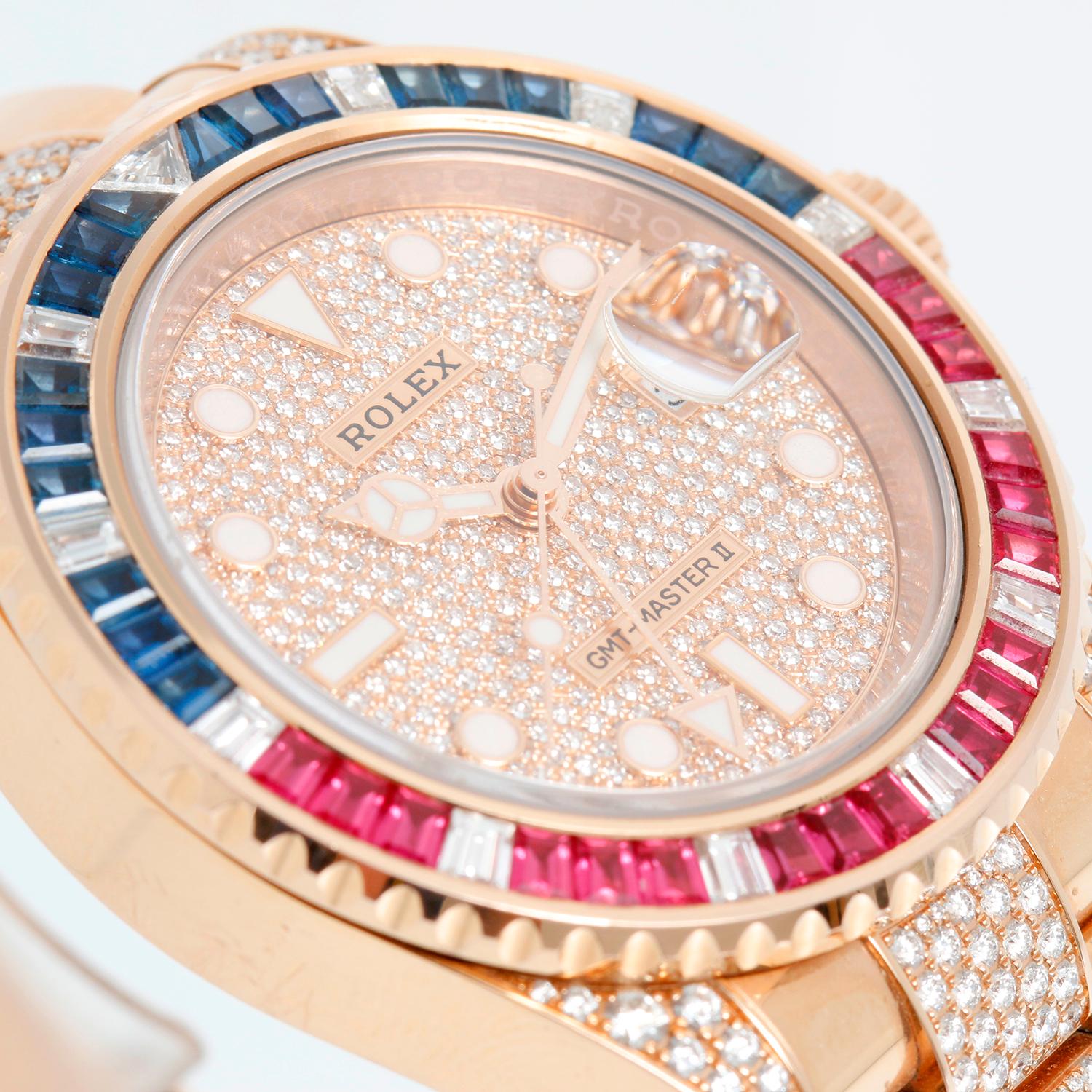 Men's Rolex GMT-Master II Everose Gold Diamond Bracelet Sapphire & Ruby Watch 126755SA