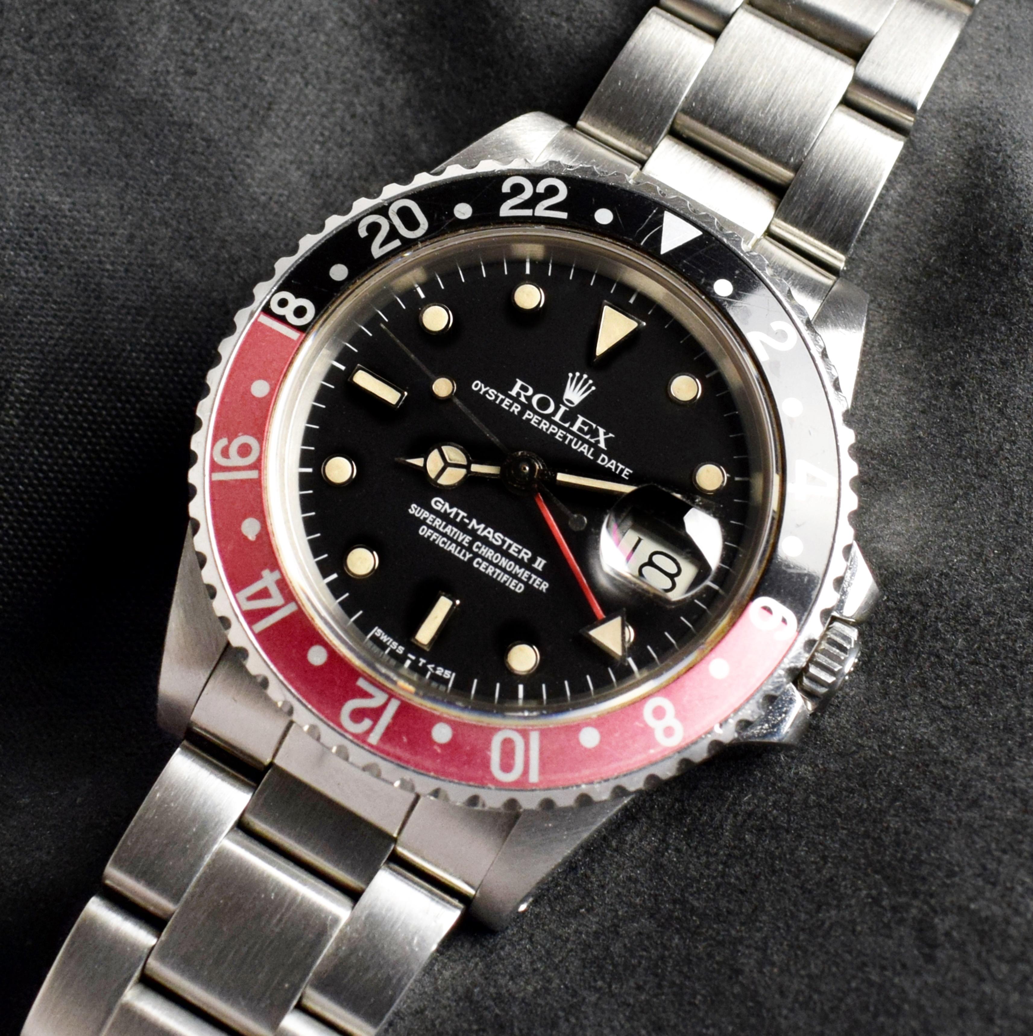 Brand: Rolex
Model: 16760
Year: 1986
Serial number: 94xxxxx
Reference: C03506; C03218
Case: Show sign of wear w/ slight polishing from previous; inner case back stamped 16760
Dial: Excellent Condition Black Tritium Dial where it has aged with a more