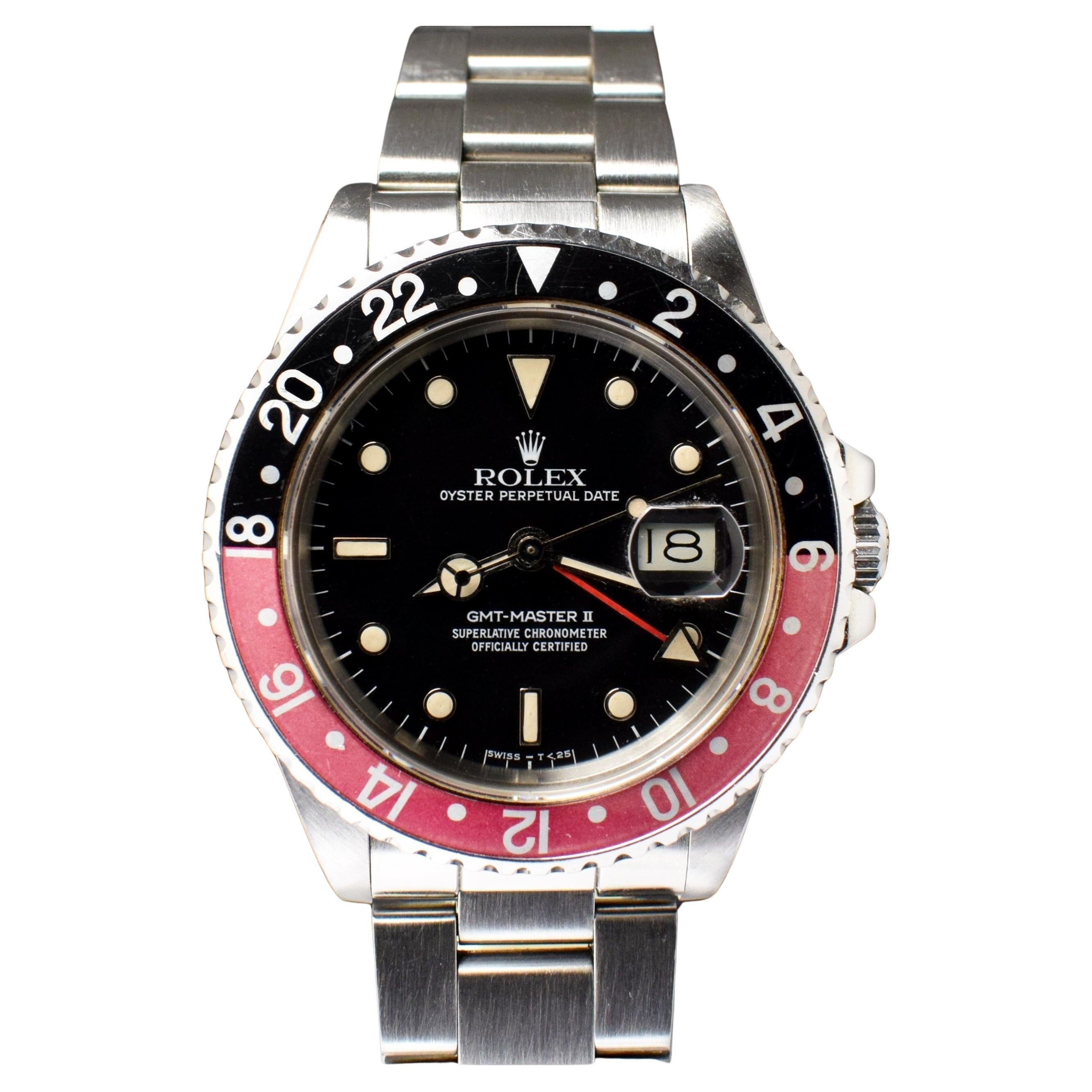 Rolex GMT-Master II Fat Lady Coke Black Red Creamy 16760 Steel Watch 1986 For Sale
