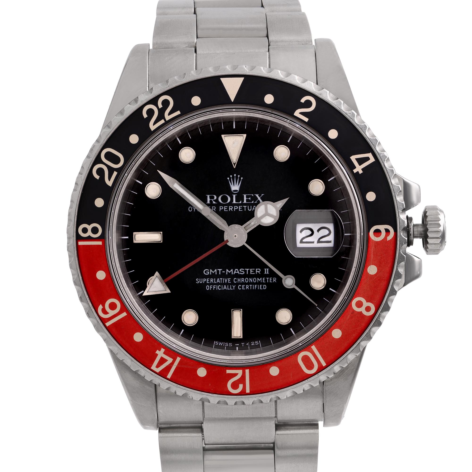 1988's Rolex Gmt-Master II. Minor scratches on the bezel as in pictures. Grain Dial as in pictures. Never polished. Original condition. Bracelet Shows Minor Slack. Original Rolex Serial No-hang tag. Comes with Original Box and Original Papers.
