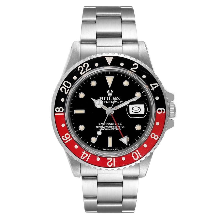 Rolex GMT Master II Fat Lady Vintage Coke Black Red Bezel Mens Watch 16760. Officially certified chronometer self-winding movement. Stainless steel case 40.0 mm in diameter. Rolex logo on a crown. Bidirectional rotating bezel with a special 24-hour