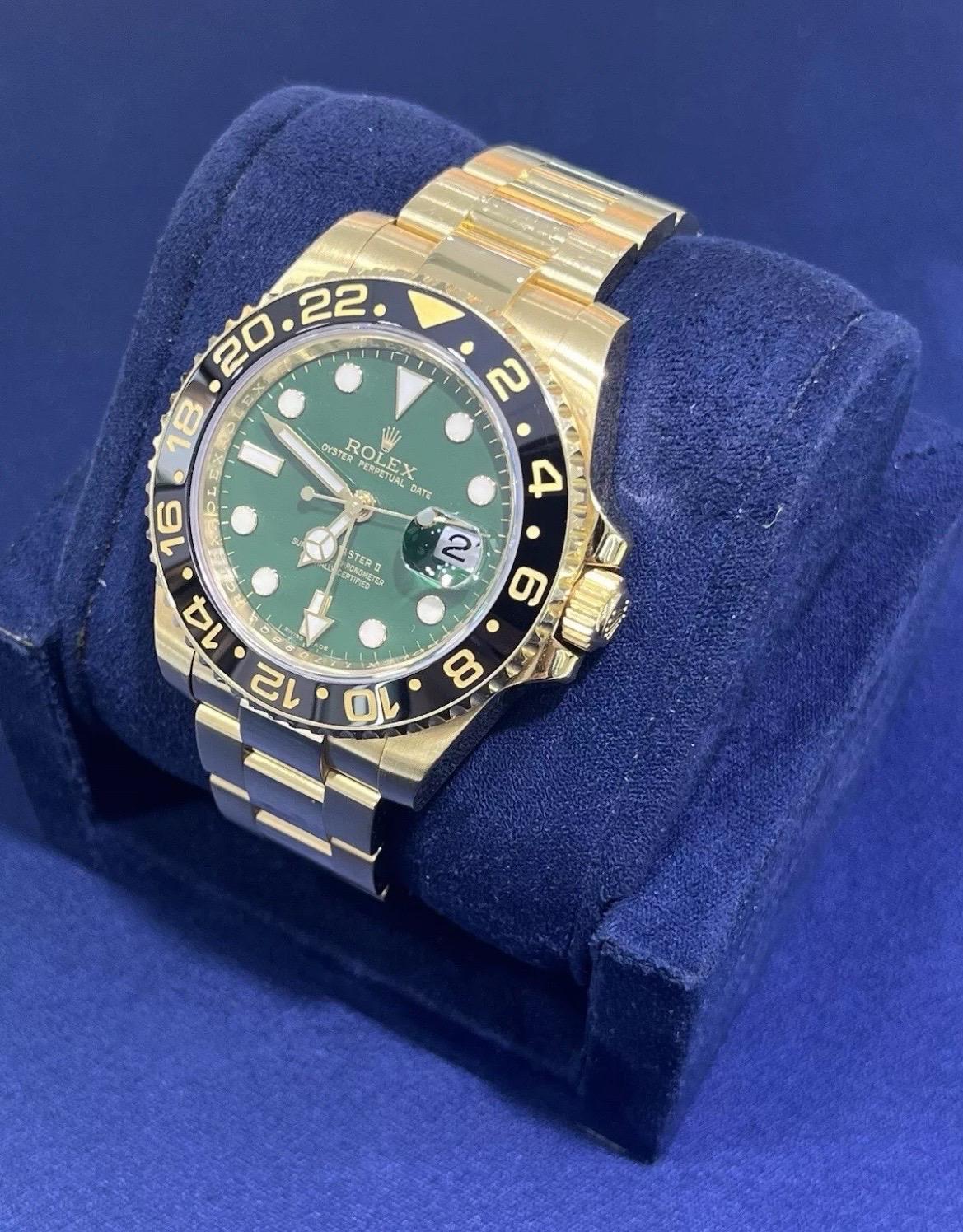De los hombres Rolex GMT-Master II Esfera VERDE Cerámica Negra Oro Amarillo 18K 40mm Oyster 116718 en venta