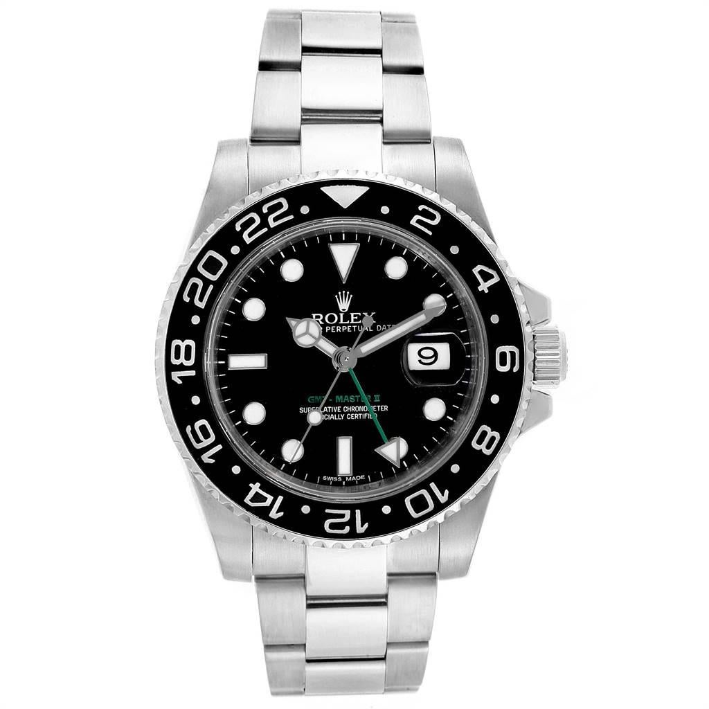 Rolex GMT Master II Green Hand Steel Mens Watch 116710 Box Card. Officially certified chronometer self-winding movement. Stainless steel case 40.0 mm in diameter. Rolex logo on a crown. Stainless steel bidirectional rotating ceramic bezel. Scratch