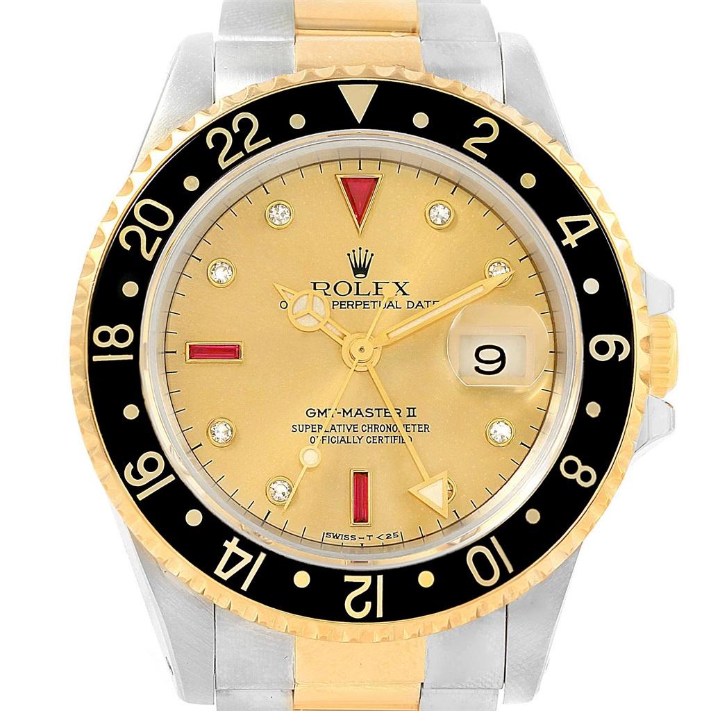 Rolex GMT Master II Men’s 18 Karat Yellow Gold Steel Serti Dial Watch 16713