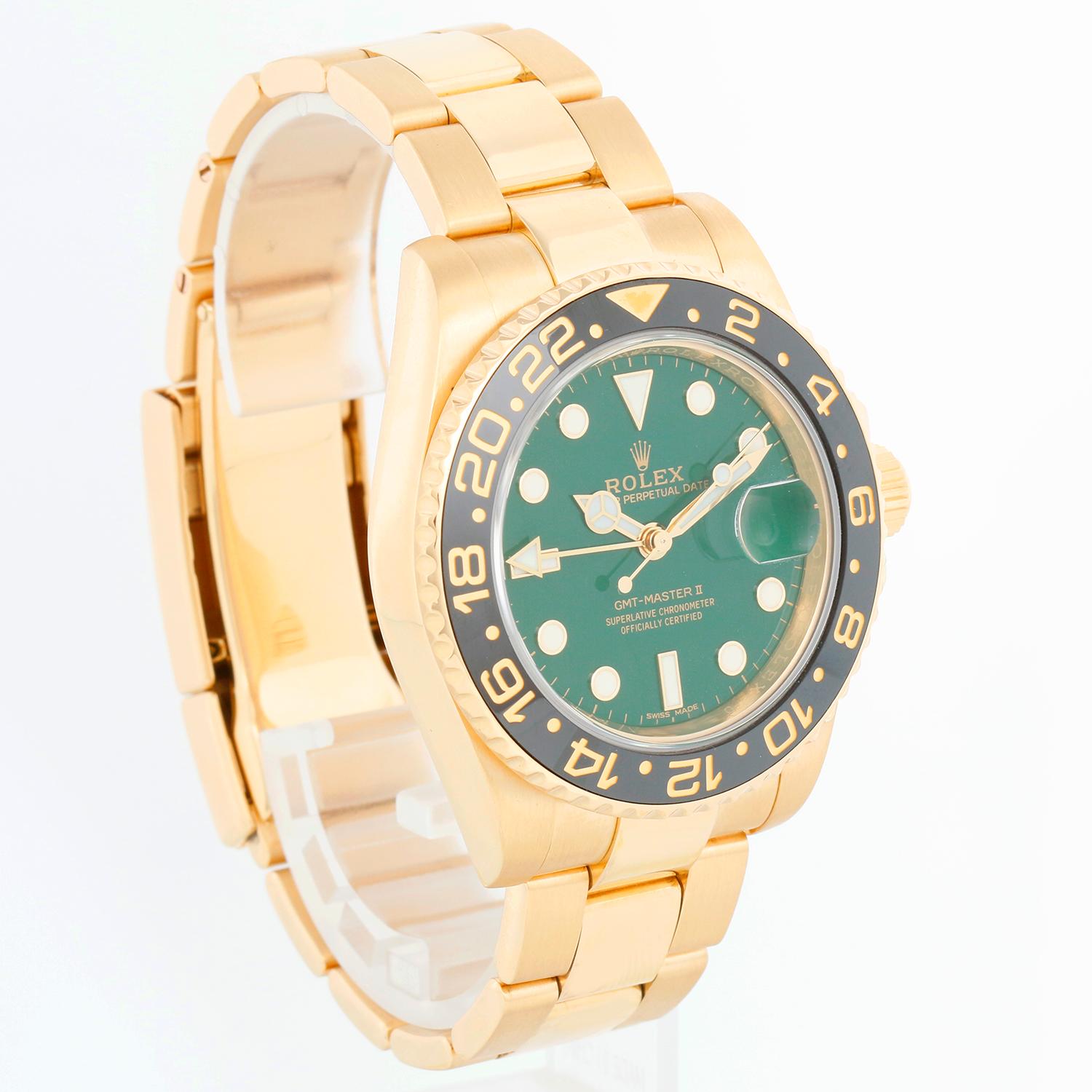 Rolex GMT-Master II Men's 18k Yellow Gold Watch 116718 Green Dial In Excellent Condition In Dallas, TX