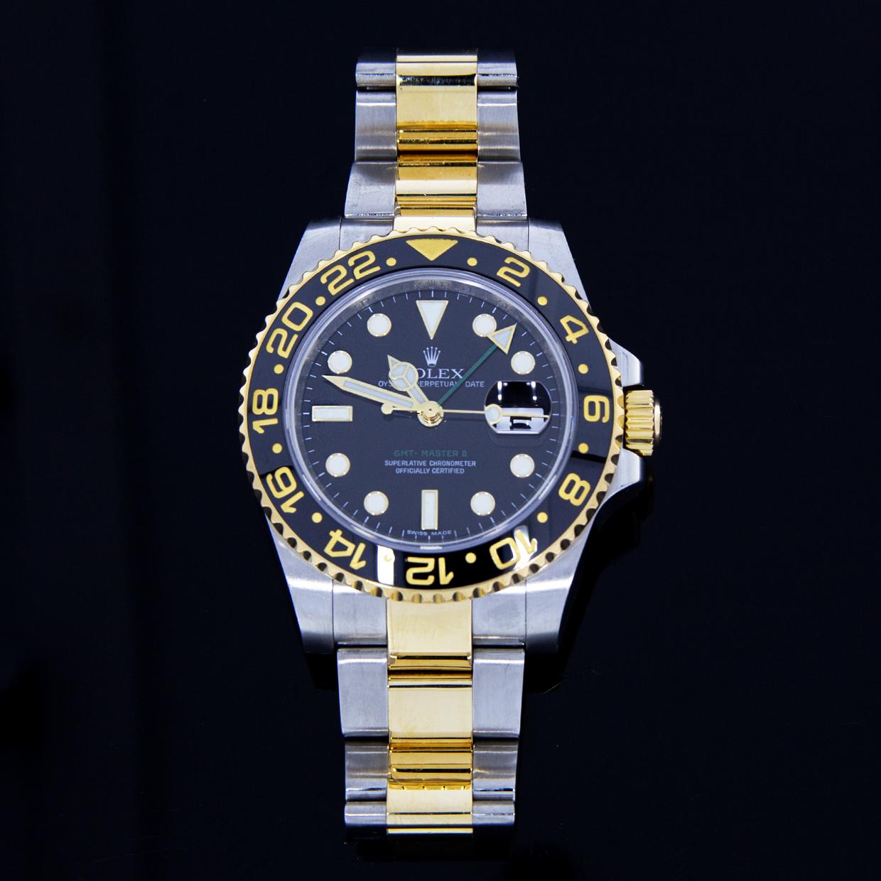 Item Details
Estimated Retail $13,000.00
Brand Rolex
Collection GMT-Master II
Case Material Stainless Steel and 18K Yellow Gold
Gender Mens
MPN (aka Model) 116713
Movement Mechanical Automatic
Face Color Black
Band Type Bracelet
Case Size 40.00