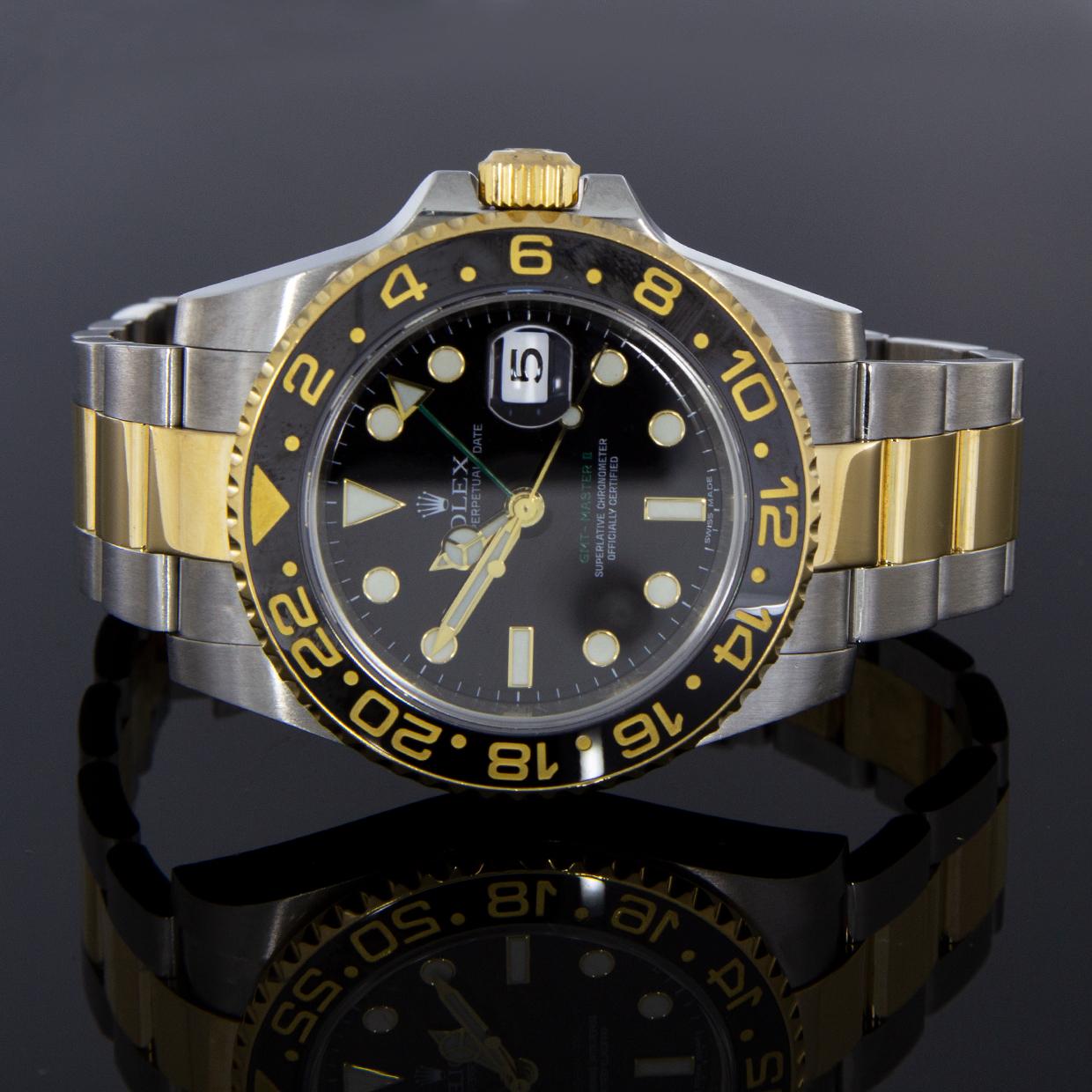 Rolex Two-Tone GMT-Master II Watch with Black Dial, Model 116713 In Excellent Condition For Sale In Columbia, MO