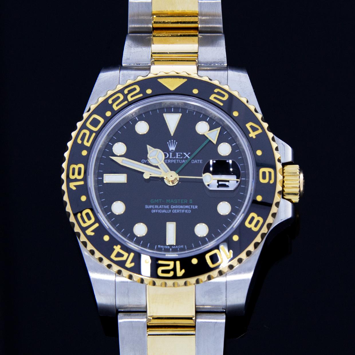 Rolex Two-Tone GMT-Master II Watch with Black Dial, Model 116713 For Sale 1