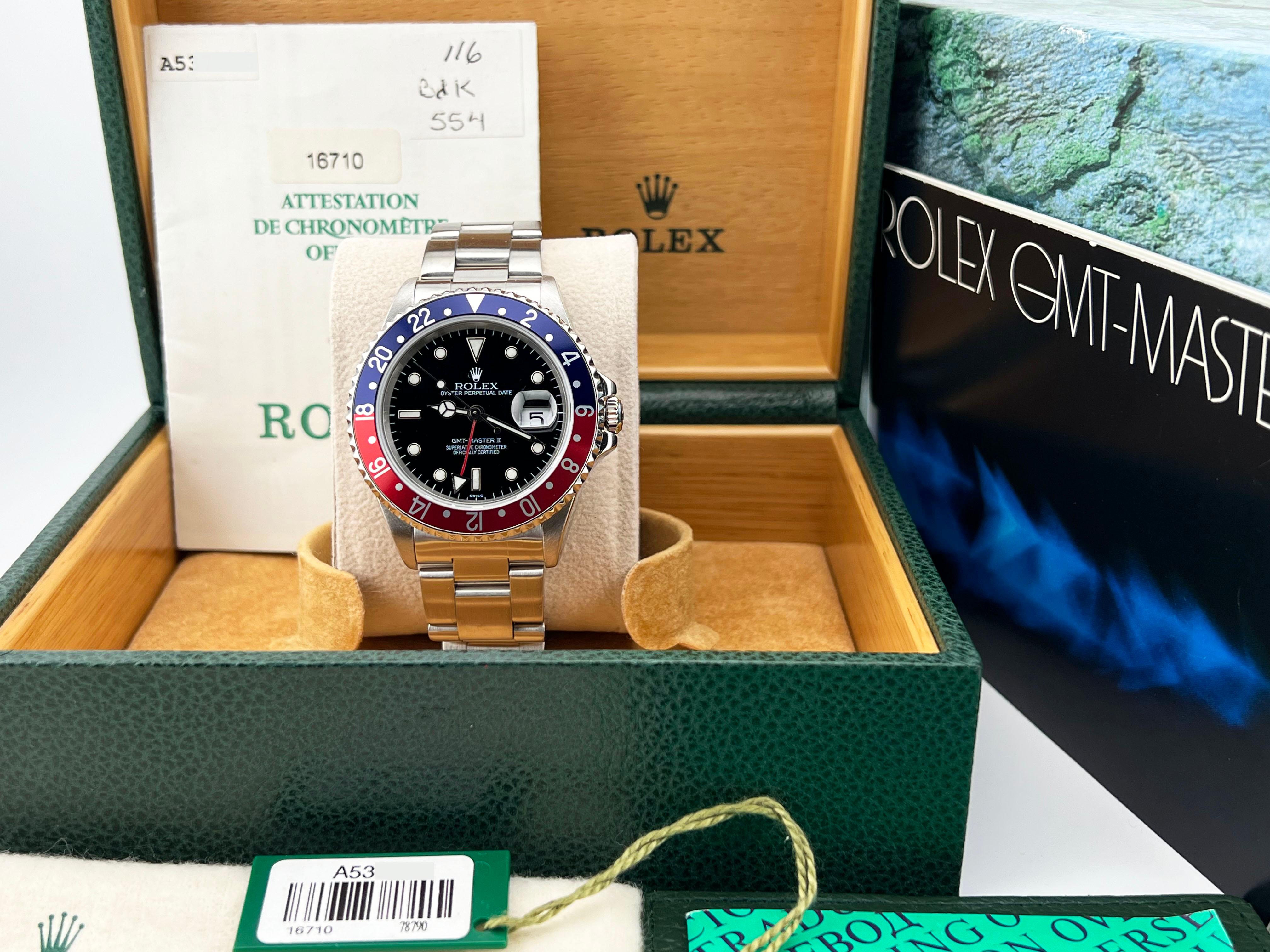
Style Number: 16710

Serial: A537***

Year: 1999

Model: Rolex GMT Master II 

Case Material: Stainless Steel 

Band: Stainless Steel 

Bezel: 