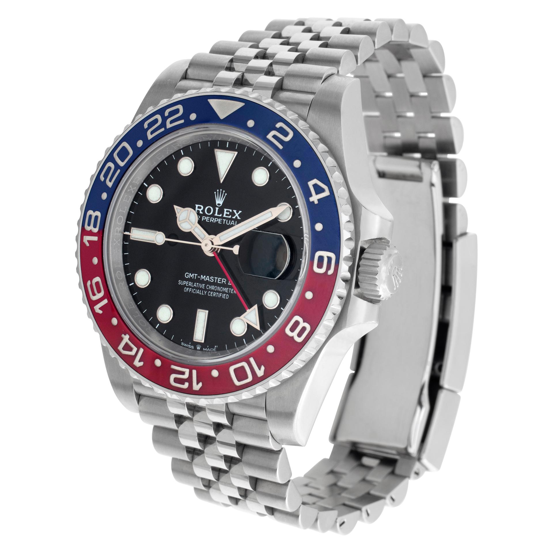 Rolex GMT Master II Pepsi in stainless steel. Auto w/ sweep seconds and dual time. 40 mm case size. Box, booklets and service warranty card dated 2019. **Bank wire only at this price** Ref 126710. Fine Pre-owned Rolex Watch. Certified preowned Sport