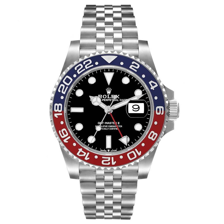 Rolex GMT Master II Pepsi Bezel Jubilee Steel Mens Watch 126710 Box Card. Officially certified chronometer automatic self-winding movement. Stainless steel case 40 mm in diameter. Rolex logo on the crown. . Scratch resistant sapphire crystal with