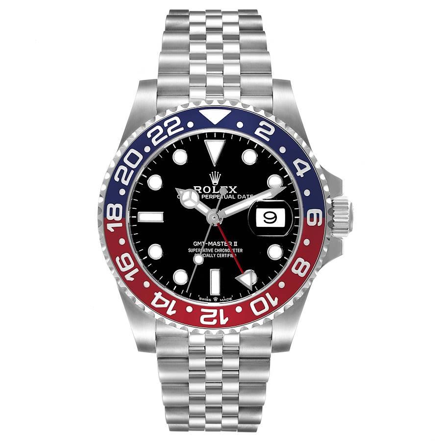 Rolex GMT Master II Pepsi Bezel Jubilee Steel Mens Watch 126710 Box Card. Officially certified chronometer automatic self-winding movement. Stainless steel case 40 mm in diameter. Rolex logo on the crown. Stainless steel bidirectional rotating bezel