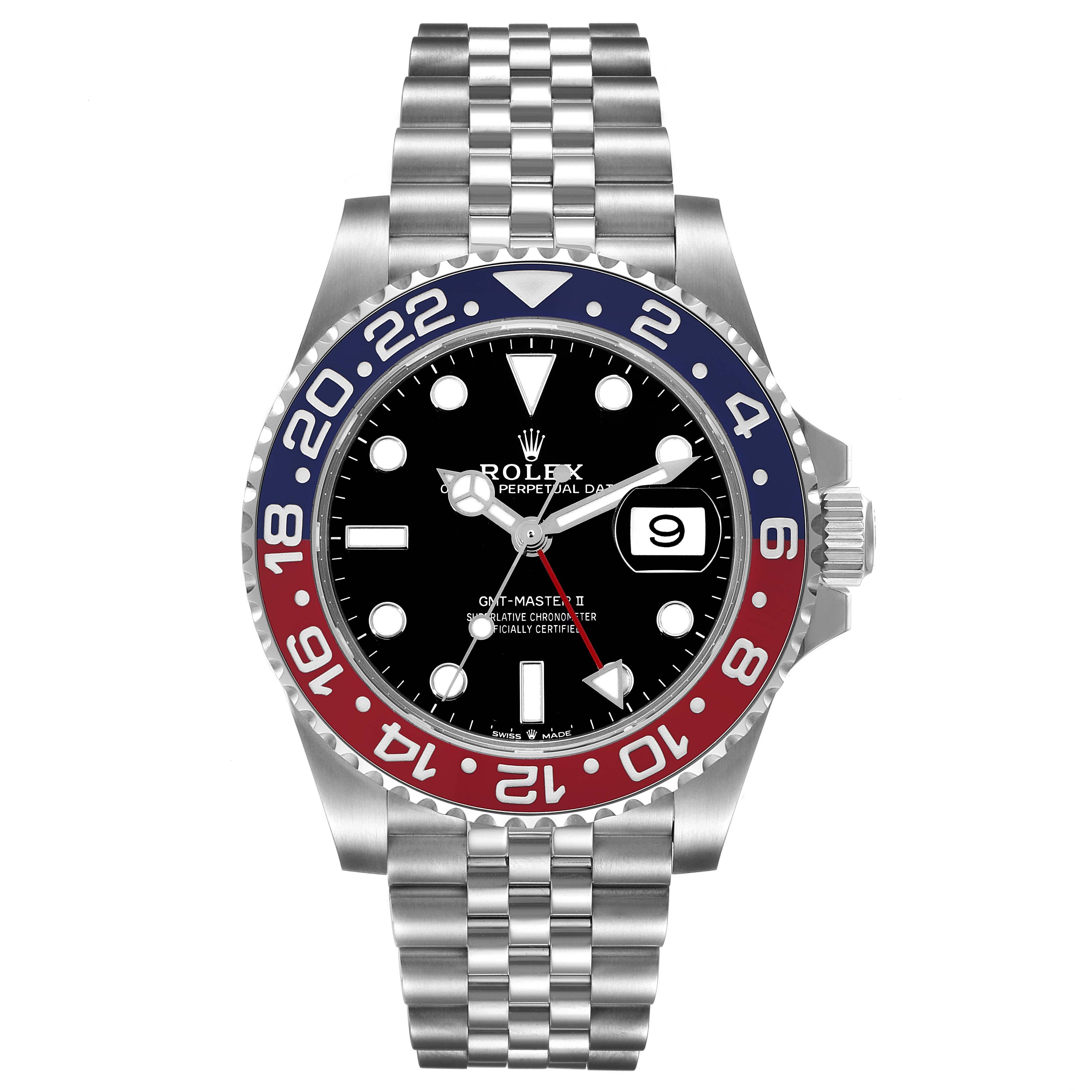 Rolex GMT Master II Pepsi Bezel Jubilee Steel Mens Watch 126710 Box Card. Officially certified chronometer automatic self-winding movement. Stainless steel case 40 mm in diameter. Rolex logo on the crown. Stainless steel bidirectional rotating bezel