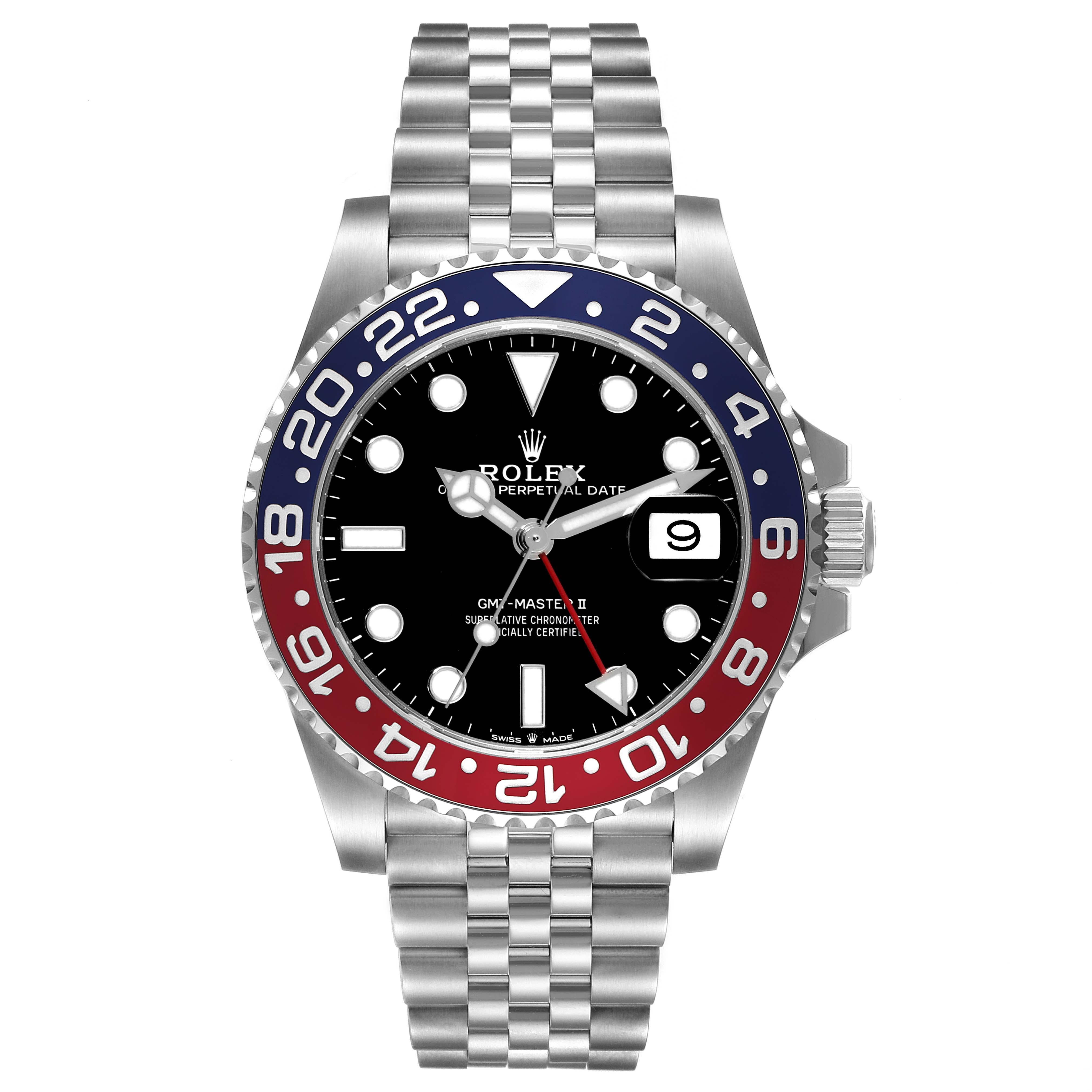 Rolex GMT Master II Pepsi Bezel Jubilee Steel Mens Watch 126710 Box Card. Officially certified chronometer automatic self-winding movement. Stainless steel case 40 mm in diameter. Rolex logo on the crown. Stainless steel bidirectional rotating bezel