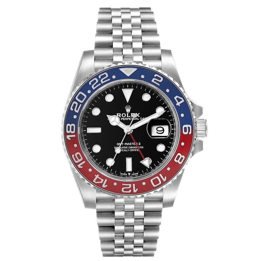 Rolex GMT Master II Pepsi Bezel Jubilee Steel Mens Watch 126710. Officially certified chronometer self-winding movement. Stainless steel case 40 mm in diameter. Rolex logo on a crown. Stainless steel bidirectional rotating 24-hour graduated blue and