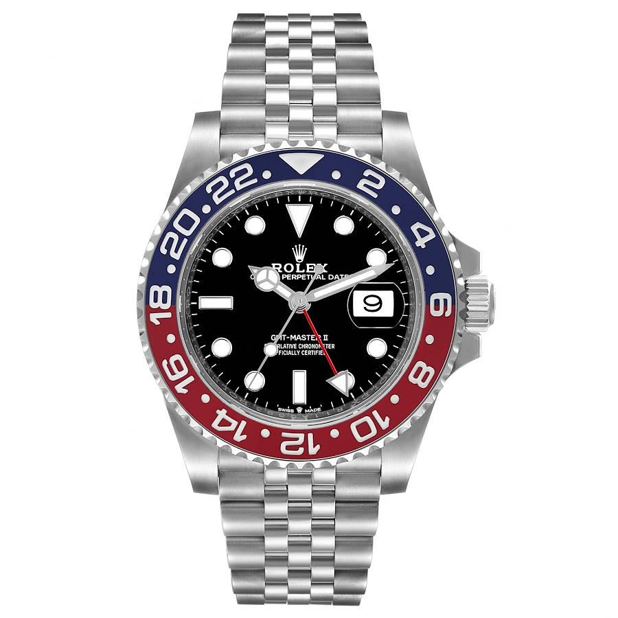 Rolex GMT Master II Pepsi Bezel Jubilee Steel Mens Watch 126710 Unworn. Officially certified chronometer self-winding movement. Stainless steel case 40 mm in diameter. Rolex logo on a crown. Stainless steel bidirectional rotating 24-hour graduated