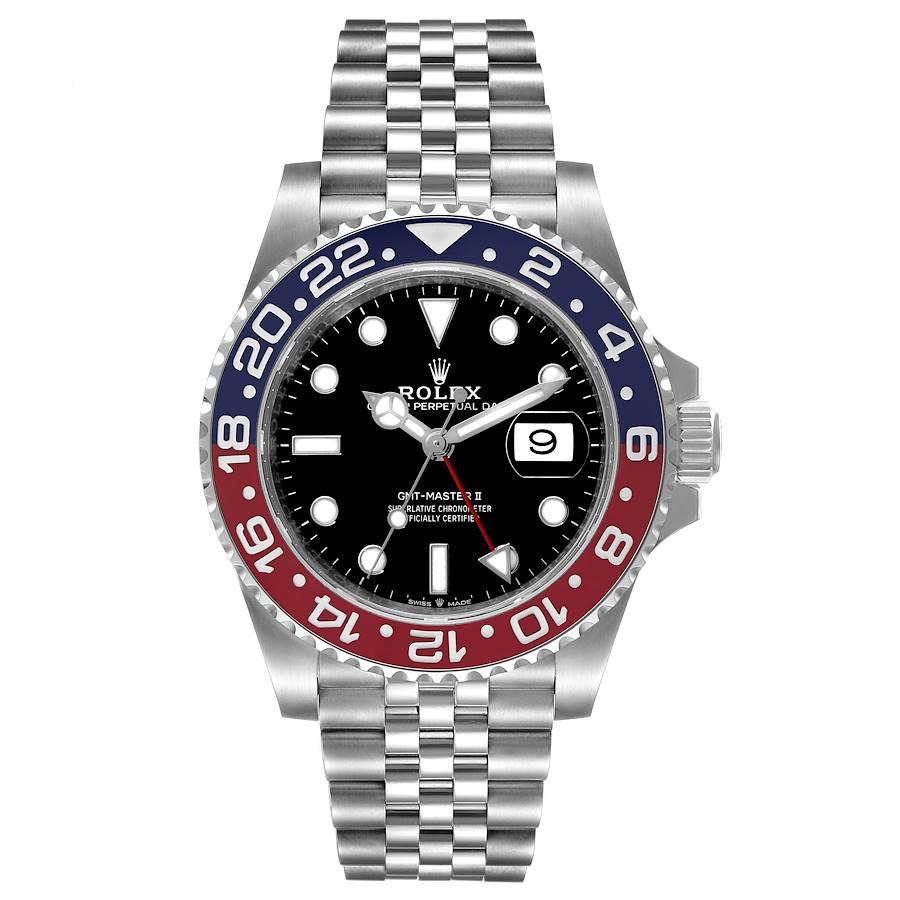 Rolex GMT Master II Pepsi Bezel Jubilee Steel Mens Watch 126710 Unworn. Officially certified chronometer self-winding movement. Stainless steel case 40 mm in diameter. Rolex logo on a crown. Stainless steel bidirectional rotating 24-hour graduated