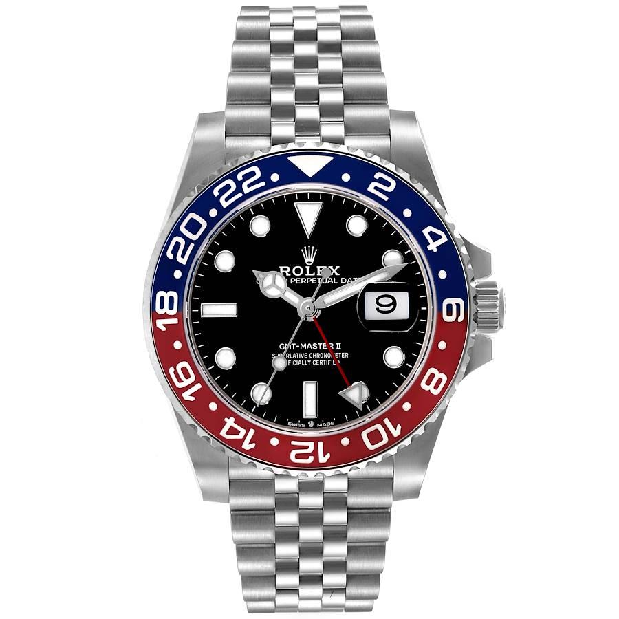 Rolex GMT Master II Pepsi Bezel Jubilee Steel Mens Watch 126710 Unworn. Officially certified chronometer automatic self-winding movement. Stainless steel case 40 mm in diameter. Rolex logo on the crown. Stainless steel bidirectional rotating bezel