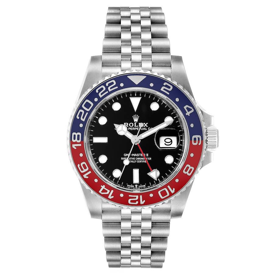 Rolex GMT Master II Pepsi Bezel Jubilee Steel Watch 126710 Box Card. Officially certified chronometer self-winding movement. Stainless steel case 40 mm in diameter. Rolex logo on a crown. Stainless steel bidirectional rotating 24-hour graduated blue