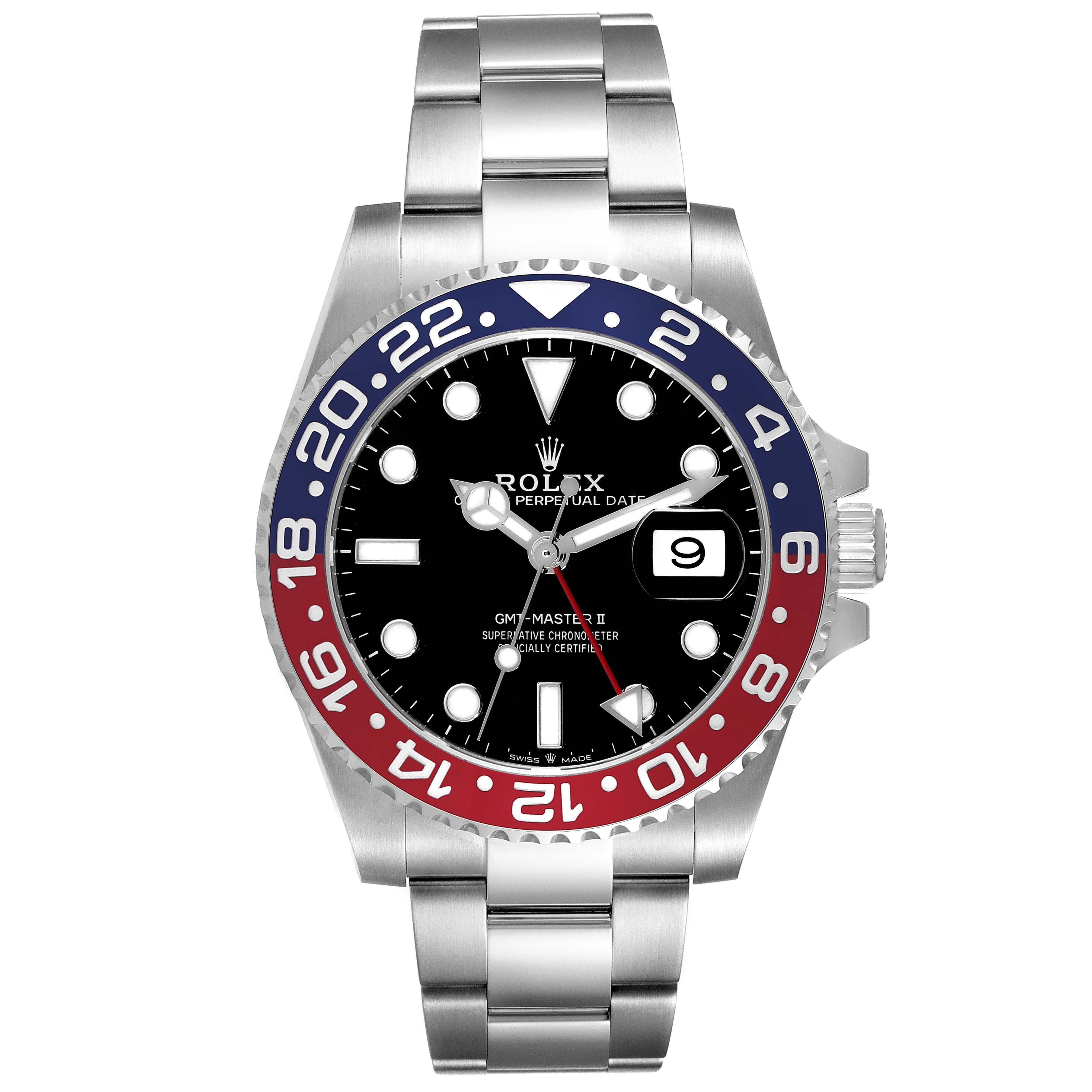Rolex GMT Master II Pepsi Bezel Oyster Bracelet Steel Mens Watch 126710 Box Card. Officially certified chronometer automatic self-winding movement. Stainless steel case 40 mm in diameter. Rolex logo on the crown. Stainless steel bidirectional