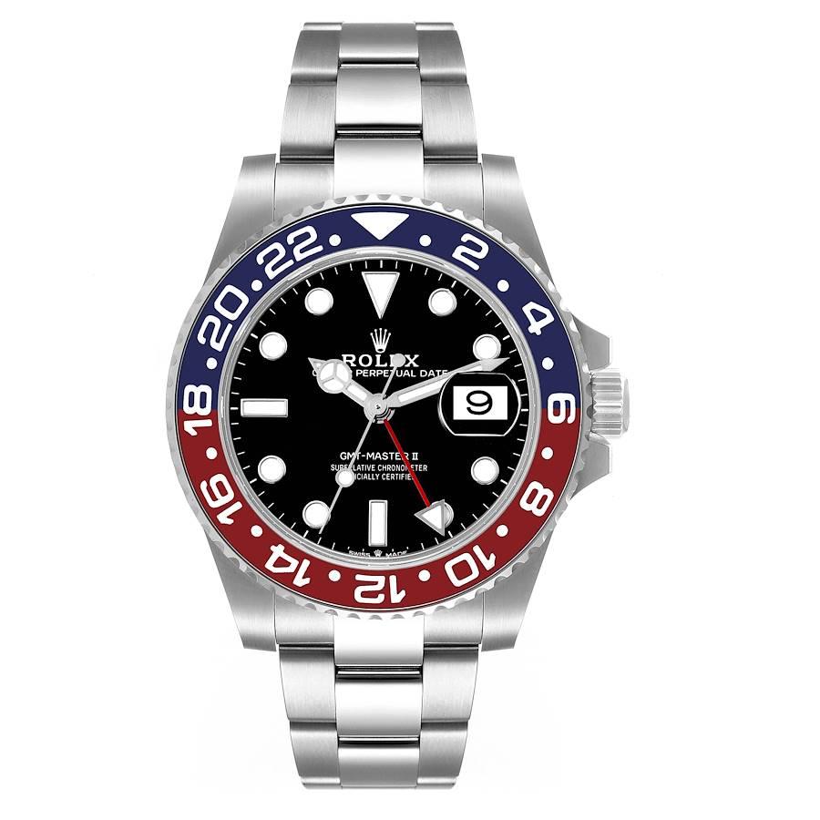 Rolex GMT Master II Pepsi Bezel Oyster Steel Mens Watch 126710 Box Card. Officially certified chronometer self-winding movement. Stainless steel case 40 mm in diameter. Rolex logo on a crown. Stainless steel bidirectional rotating 24-hour graduated
