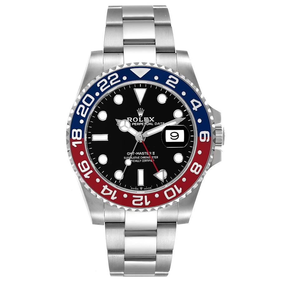 Rolex GMT Master II Pepsi Bezel Oyster Steel Mens Watch 126710 Unworn. Officially certified chronometer self-winding movement. Stainless steel case 40 mm in diameter. Rolex logo on a crown. Stainless steel bidirectional rotating 24-hour graduated