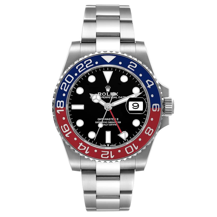 Rolex GMT Master II Pepsi Bezel Oyster Steel Mens Watch 126710 Unworn. Officially certified chronometer self-winding movement. Stainless steel case 40 mm in diameter. Rolex logo on a crown. Stainless steel bidirectional rotating 24-hour graduated