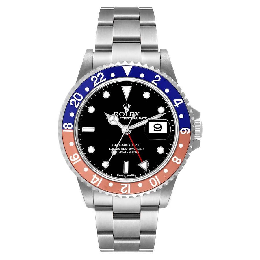Rolex GMT Master II Pepsi Bezel Steel Mens Watch 16710 Box Papers. Officially certified chronometer self-winding movement. Stainless steel case 40.0 mm in diameter. Rolex logo on a crown. Bidirectional rotating bezel with a special 24-hour blue and