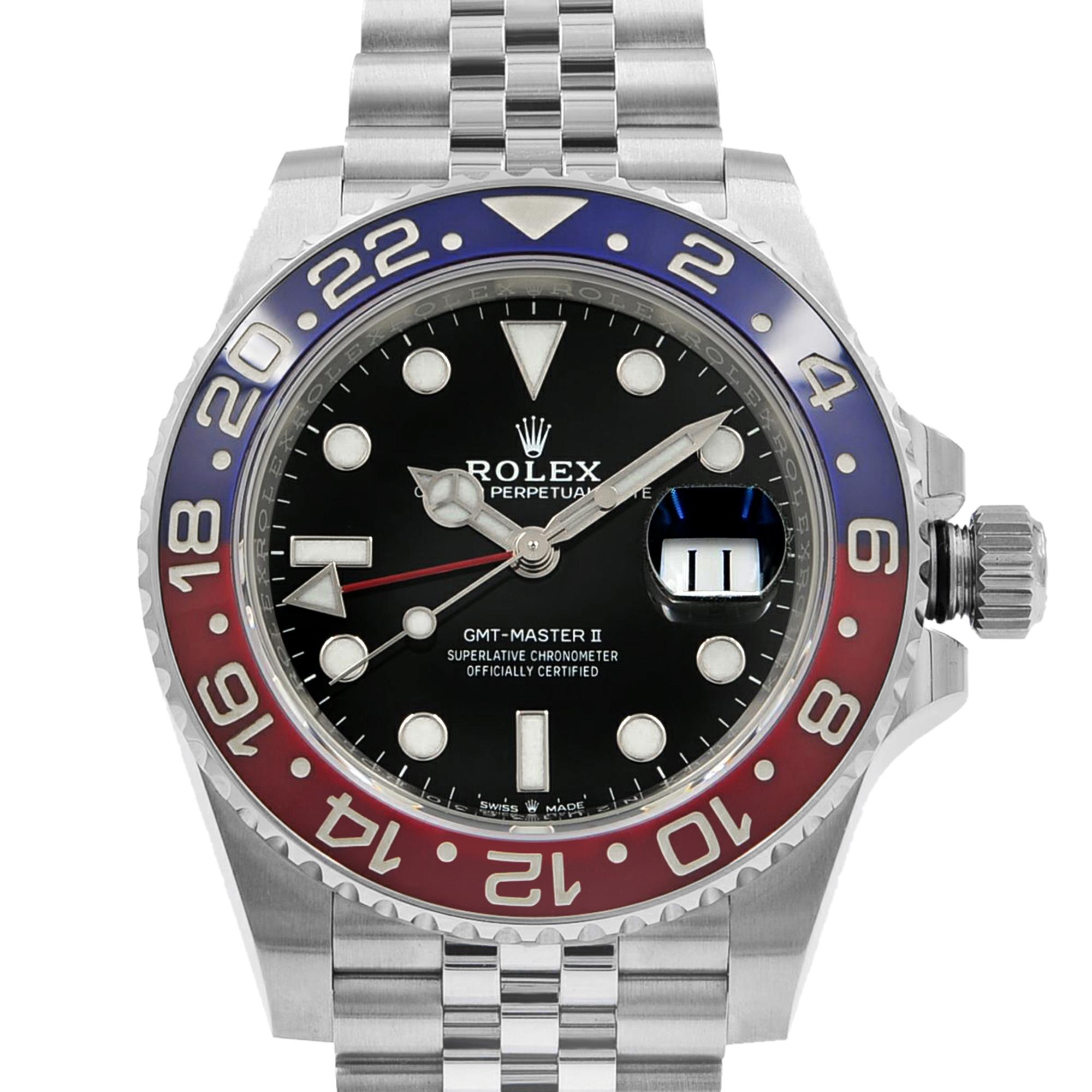 This brand new Rolex GMT-Master II 126710BLRO is a beautiful men's timepiece that is powered by an automatic movement which is cased in a stainless steel case. It has a round shape face, date, dual time dial, and has hand sticks & dots style