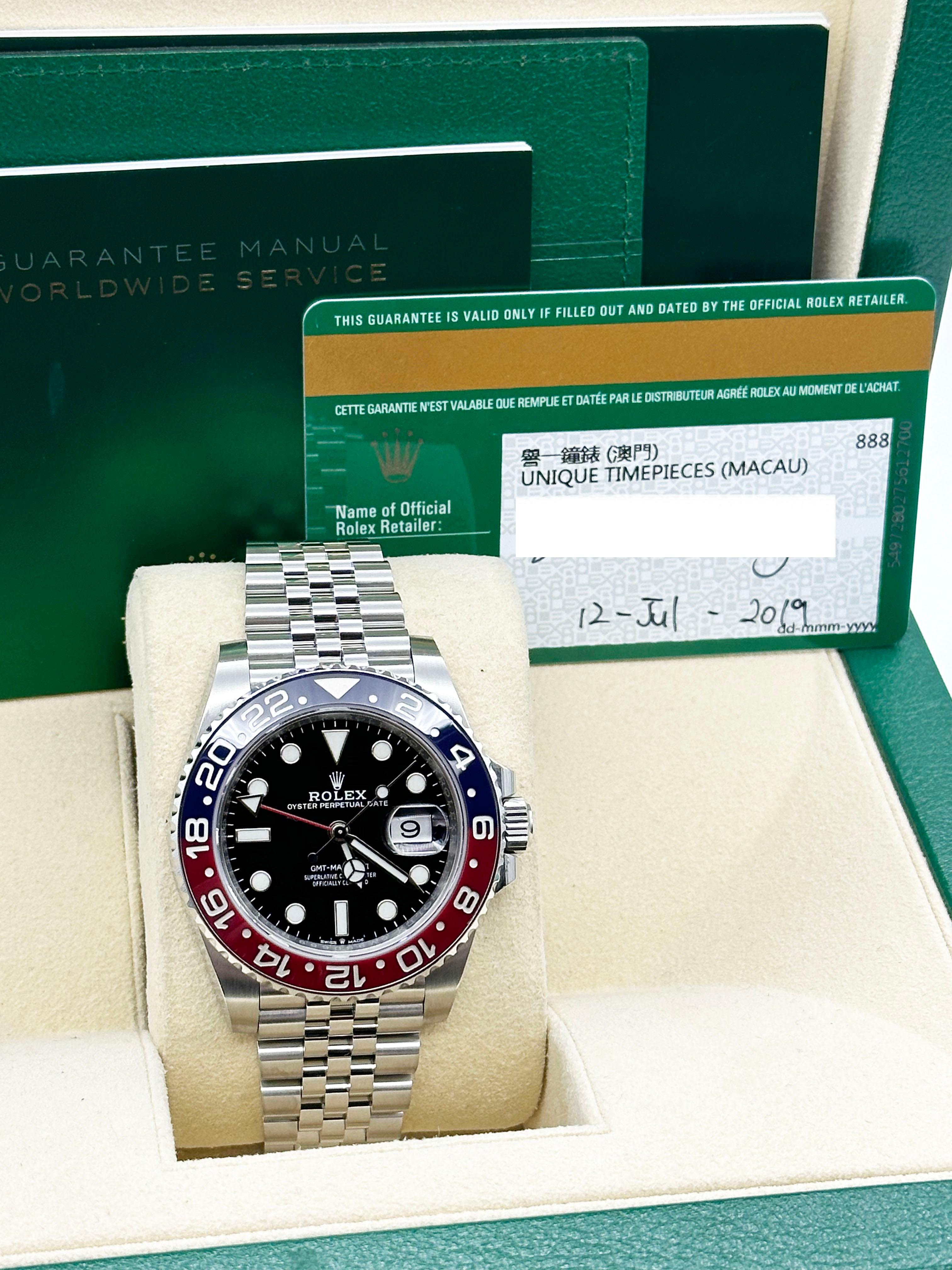 De los hombres Rolex GMT Master II Pepsi Jubilee 126710BLRO Bisel Cerámico Caja Inoxidable Papel