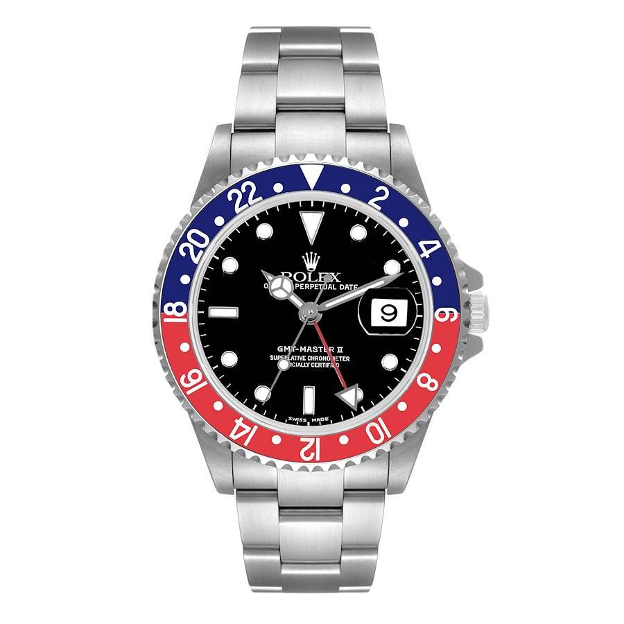 Rolex GMT Master II Pepsi Red and Blue Bezel Steel Mens Watch 16710 Box Papers. Mouvement à remontage automatique certifié officiellement chronomètre. Boîtier en acier inoxydable de 40 mm de diamètre. Logo Rolex sur une couronne. Lunette tournante